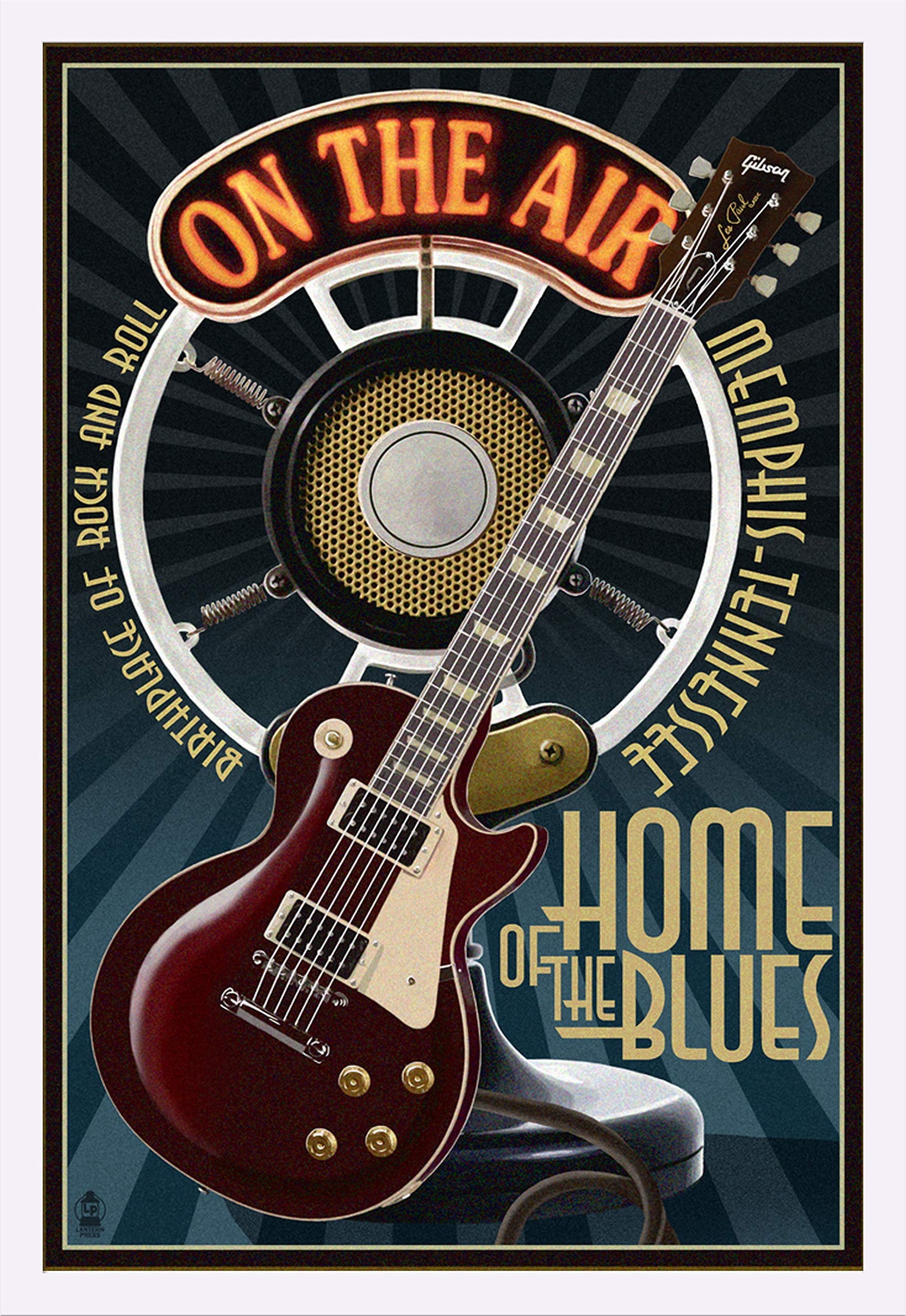 Memphis Tennessee Guitar and Microphone Blue Art Print - 24x36 Giclee Gallery Framed in White Wood - Perfect for Music Studios, Home Decor & Gift Ideas
