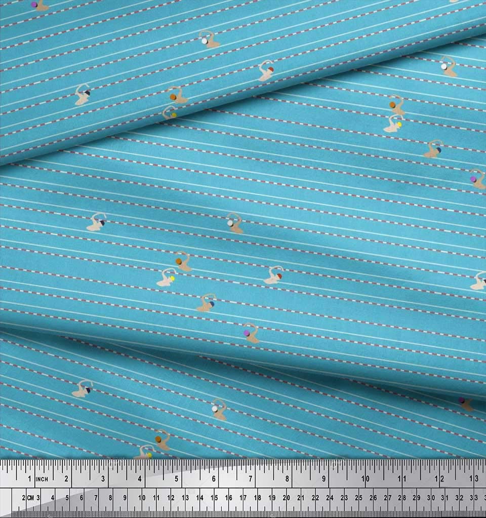 Soimoi Rayon Blue Fabric by The Yard - 56 Inch Wide Printed Fabric with Swimming Pool Race Sports Design - Perfect for Swimwear, Activewear, and Poolside Decor