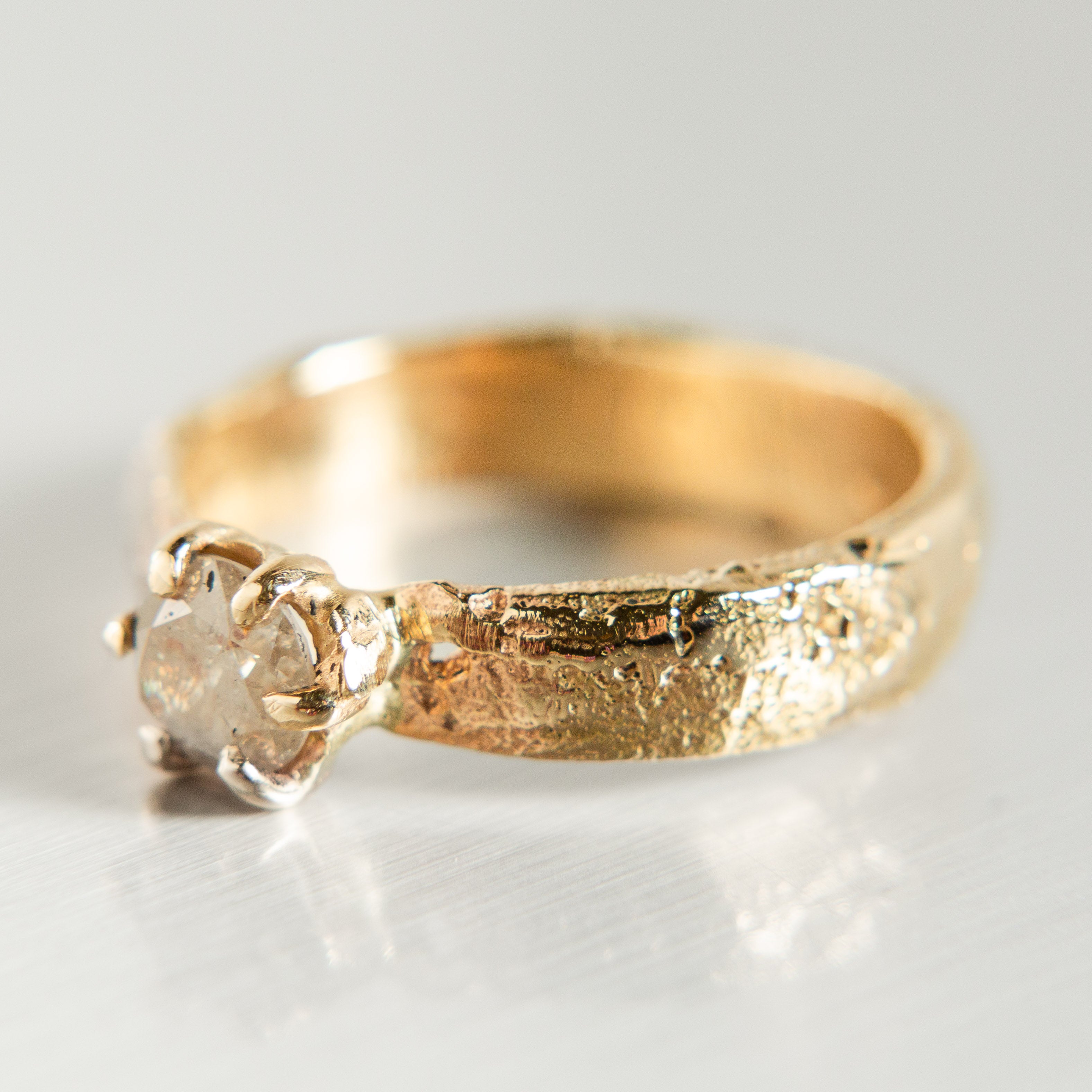 14K Yellow Gold Sandcast Band with Salt & Pepper Diamond Cypress Ring – Unique Vintage Jewelry for Weddings, Engagements & Special Occasions