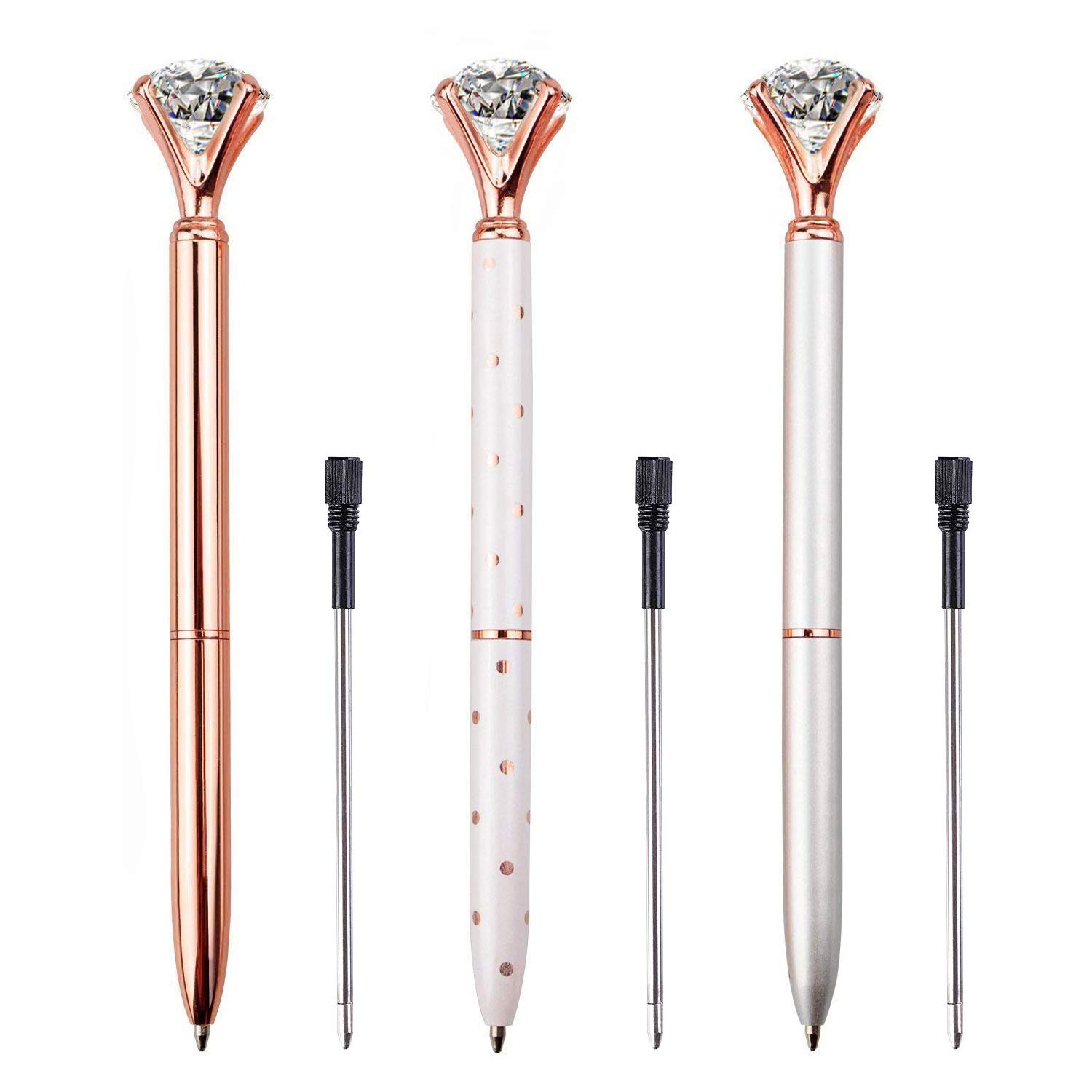 3 PCS Luxury Crystal Diamond Ballpoint Pens - Bling Metal Office & School Writing Pens (Silver/White Rose Polka Dot/Rose Gold) with 3 Refills - Perfect for Business Meetings, Gift Giving & Note Taking
