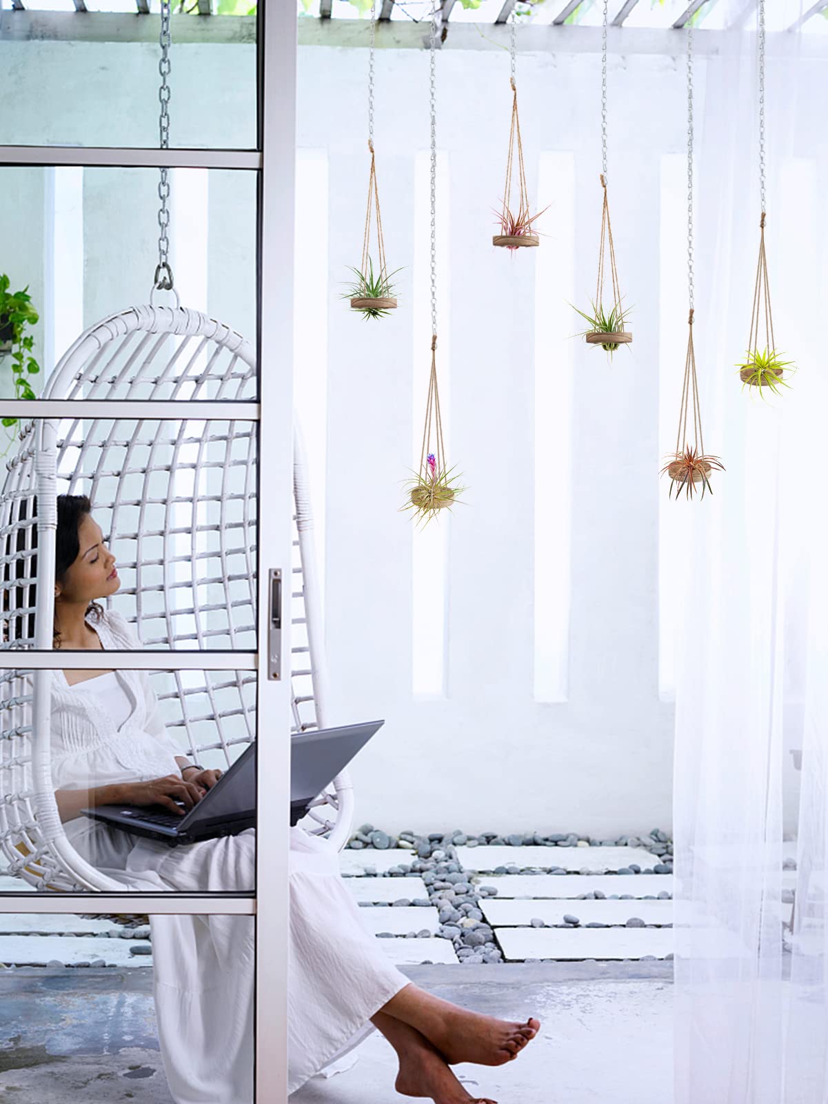 6 Pcs Hanging Wooden Air Plant Holders - 3 Inch Round Wooden Tillandsia Hangers with Jute Ropes, Rustic Air Plant Stand for Succulent Display | Home Office Decor, Wedding Party Favors, Gardening Gifts (Plants Not Included)