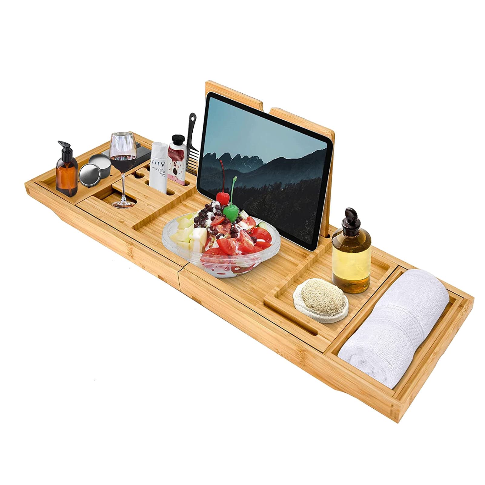 Foldable Bamboo Bathtub Caddy Tray - Expandable Luxury Bathroom Storage Shelf with Wine Glass Holder, Book & Phone Stand - Perfect for Relaxing Baths, Spa Days & Self-Care Moments