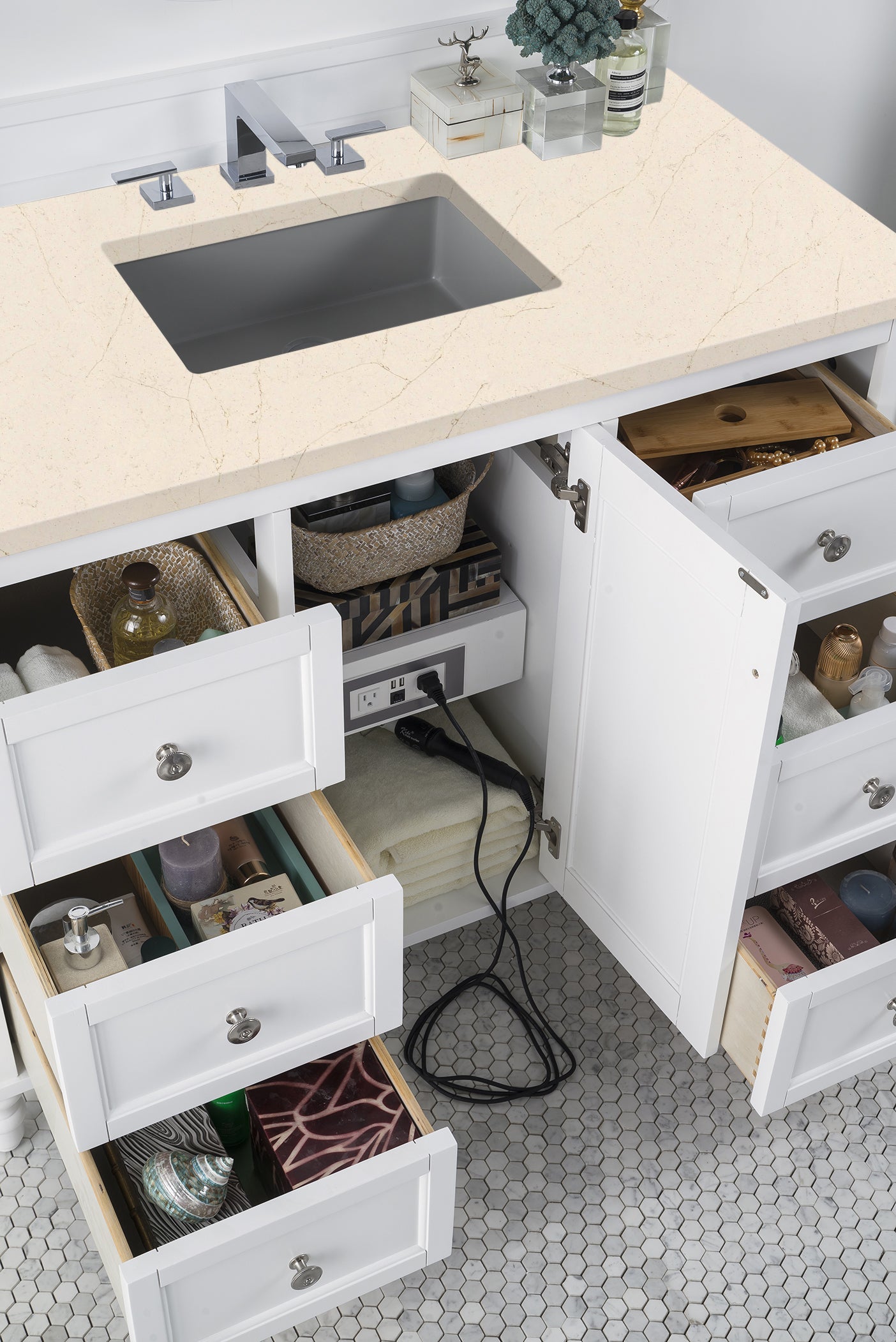 Copper Cove Encore 48 Inch Single Bathroom Vanity with 3CM Eternal Marfil Quartz Countertop - Bright White Finish | Perfect for Modern Master Bathrooms & Guest Bath Remodels
