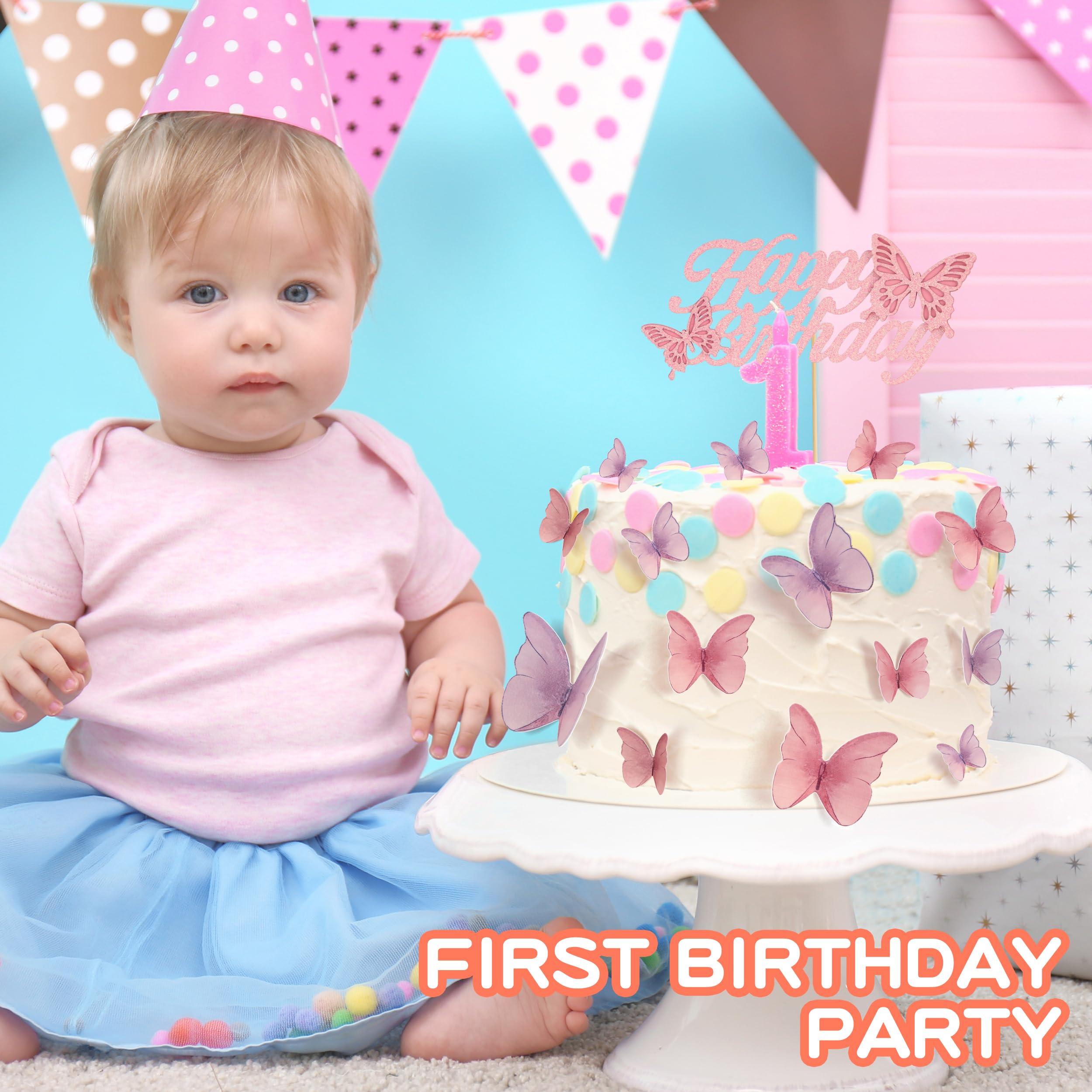 48 Pcs Edible Butterflies for Cake Decorations - 3D Wafer Paper Butterfly Cupcake Toppers, Happy Birthday Cake Topper for Party, Wedding & Baby Shower (Pink & Purple) - Perfect for Birthday Cakes, Cupcakes, Desserts & Special Occasions