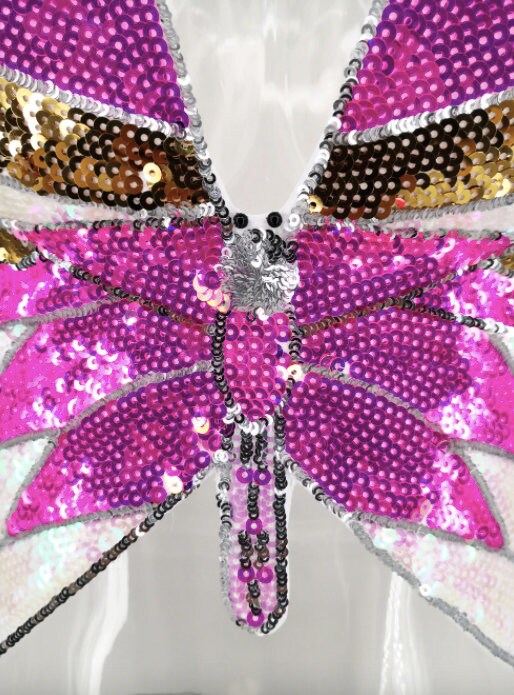 Festival Outfit Denim Butterfly Crop Top with Sequins - Women's Party Rave Costume Top for Music Festivals & Nightclubs
