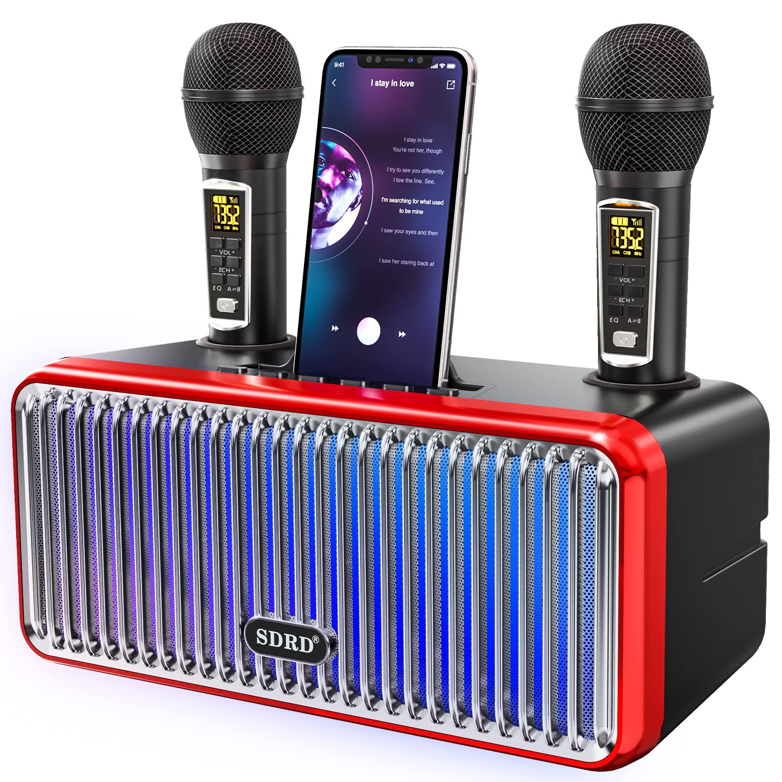 Portable Bluetooth Karaoke Machine with 2 UHF Wireless Microphones & Colorful LED Lights - Home Party Speaker System for Adults & Kids - Perfect for Weddings, Church Events, Picnics & Indoor/Outdoor Gatherings - Black