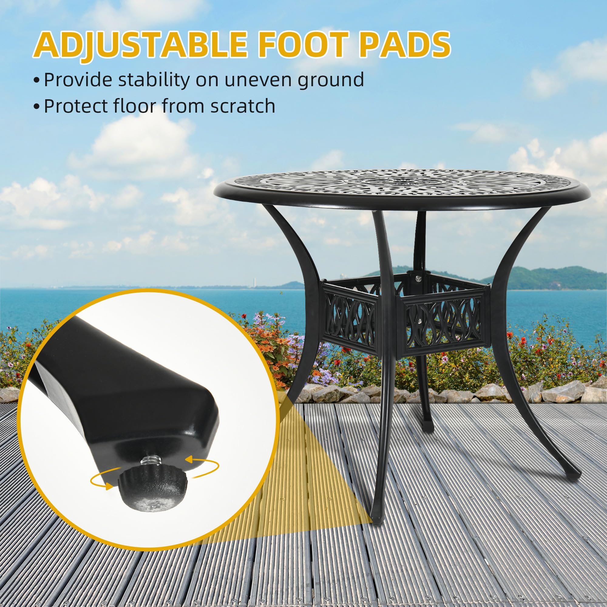 DWVO 35 Inch Outdoor Dining Table - Round Cast Aluminum Bistro Table with Umbrella Hole for Backyard, Garden, Patio, Porch - Weather-Resistant Black Metal Table for Outdoor Entertaining & Dining Al Fresco