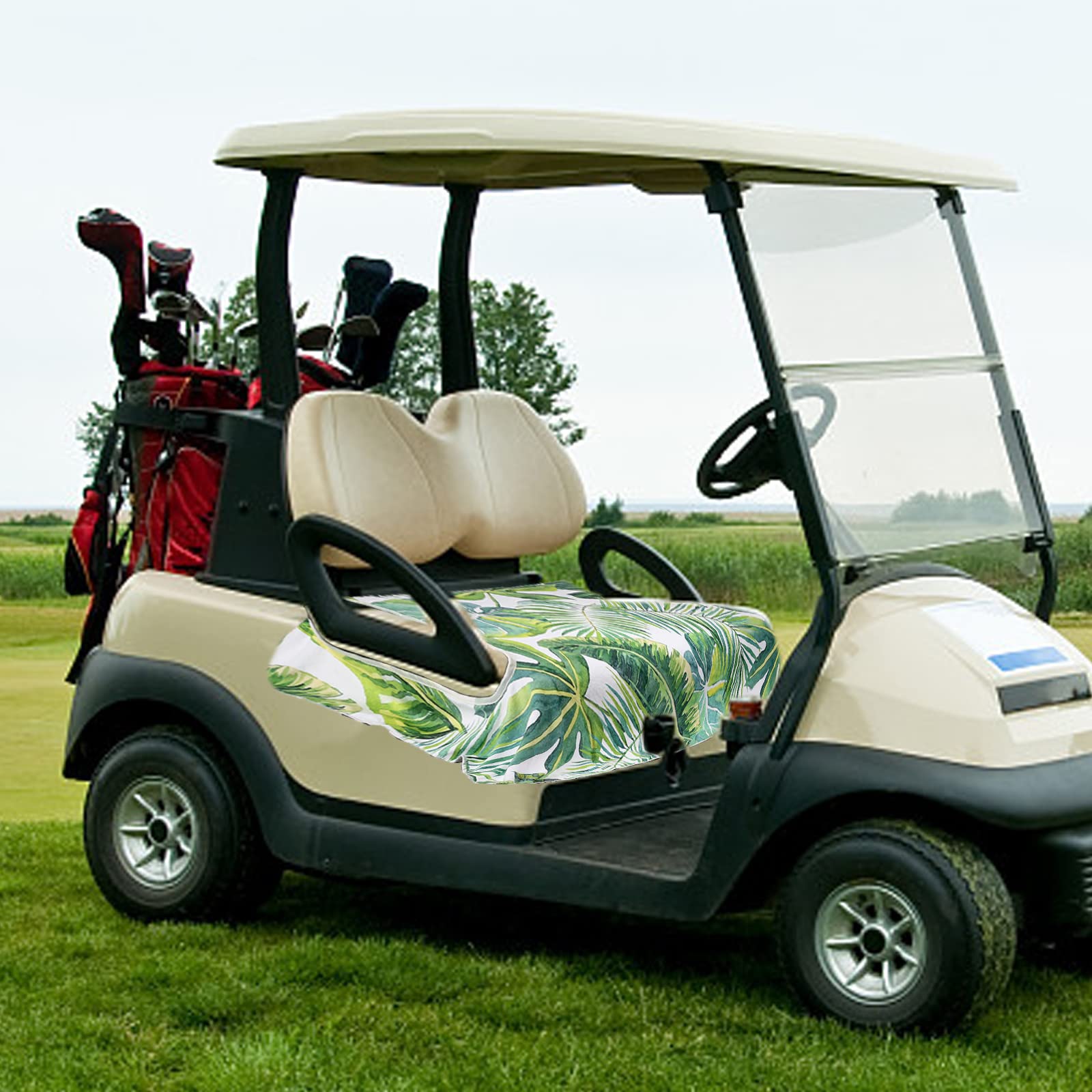 Premium EZGO Golf Cart Seat Covers - 2-Person Waterproof Seat Protectors for Club Car & Golf Carts | Tropical Leaf Design | Summer Cooling Towel Blanket for Outdoor Golfing & Beach Rides