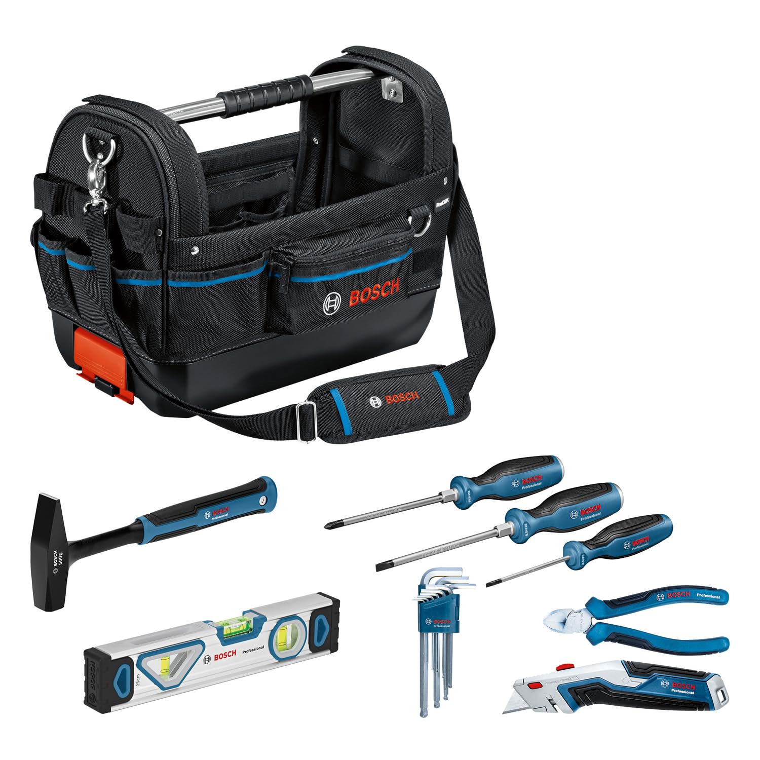 Bosch Professional GWT 20 Combo Kit with 20-Piece Hand Tool Set (Includes Screwdrivers, Hex Key Set, Pliers, Hammer, Level & Utility Knife) - Perfect for DIY Projects, Home Repairs & Professional Construction Work