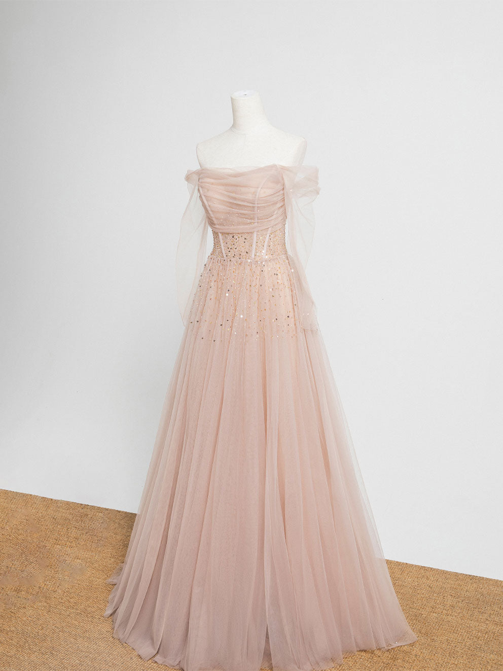 Elegant Champagne Pink Tulle Beaded Long Prom Dress for Evening Gala & Formal Events - Perfect for Homecoming, Wedding Guest, and Special Occasions