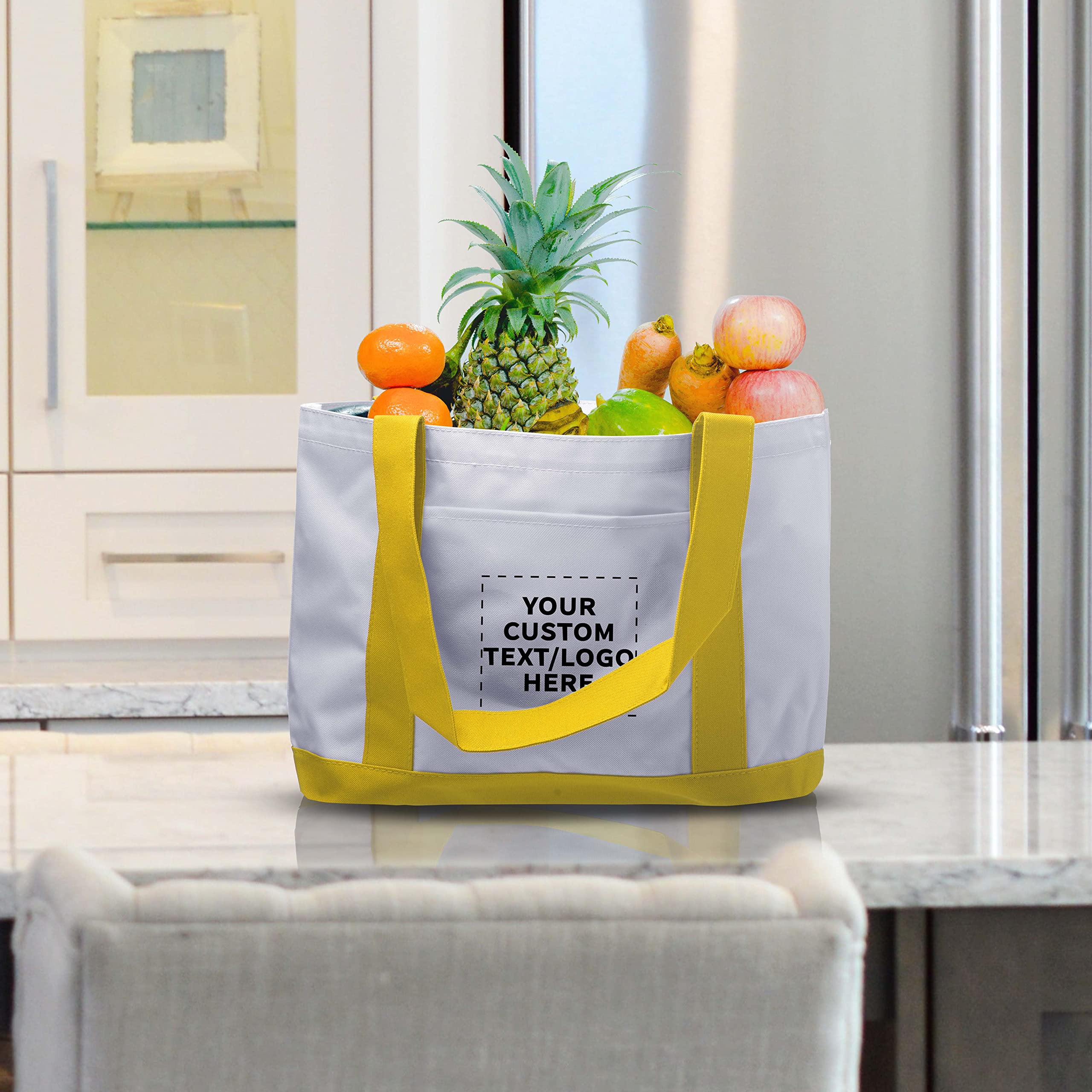 10 Pack Customizable Canvas Tote Bags with Reinforced Straps & Front Pocket - Fashionable Yellow Shoulder Bags for Shopping, Beach & Work - Bulk Wholesale Polyester Totes for Promotions & Events