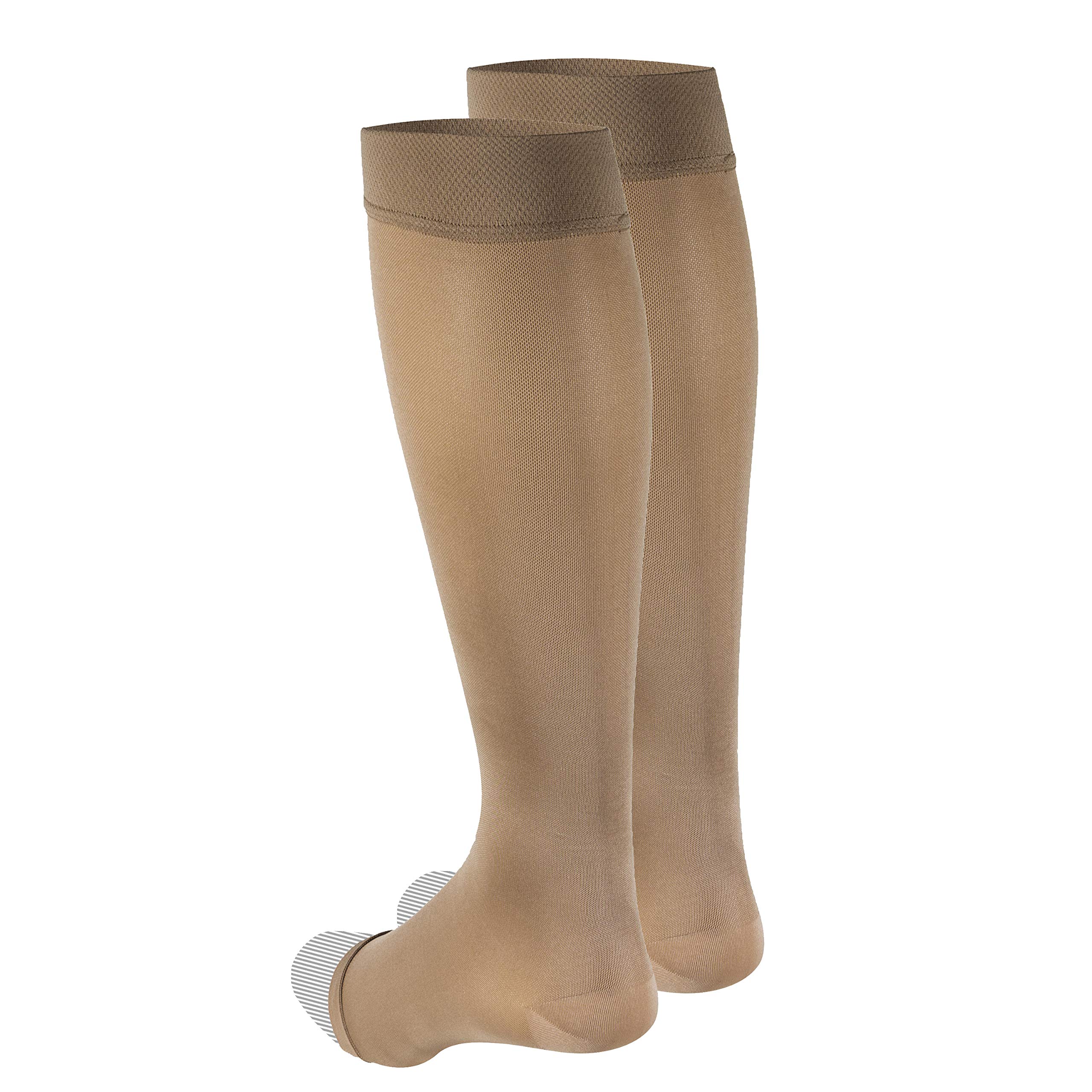 Truform Women's 15-20 mmHg Knee High Open Toe Compression Stockings - Opaque Beige Medium - Ideal for Travel, Pregnancy & Varicose Vein Relief
