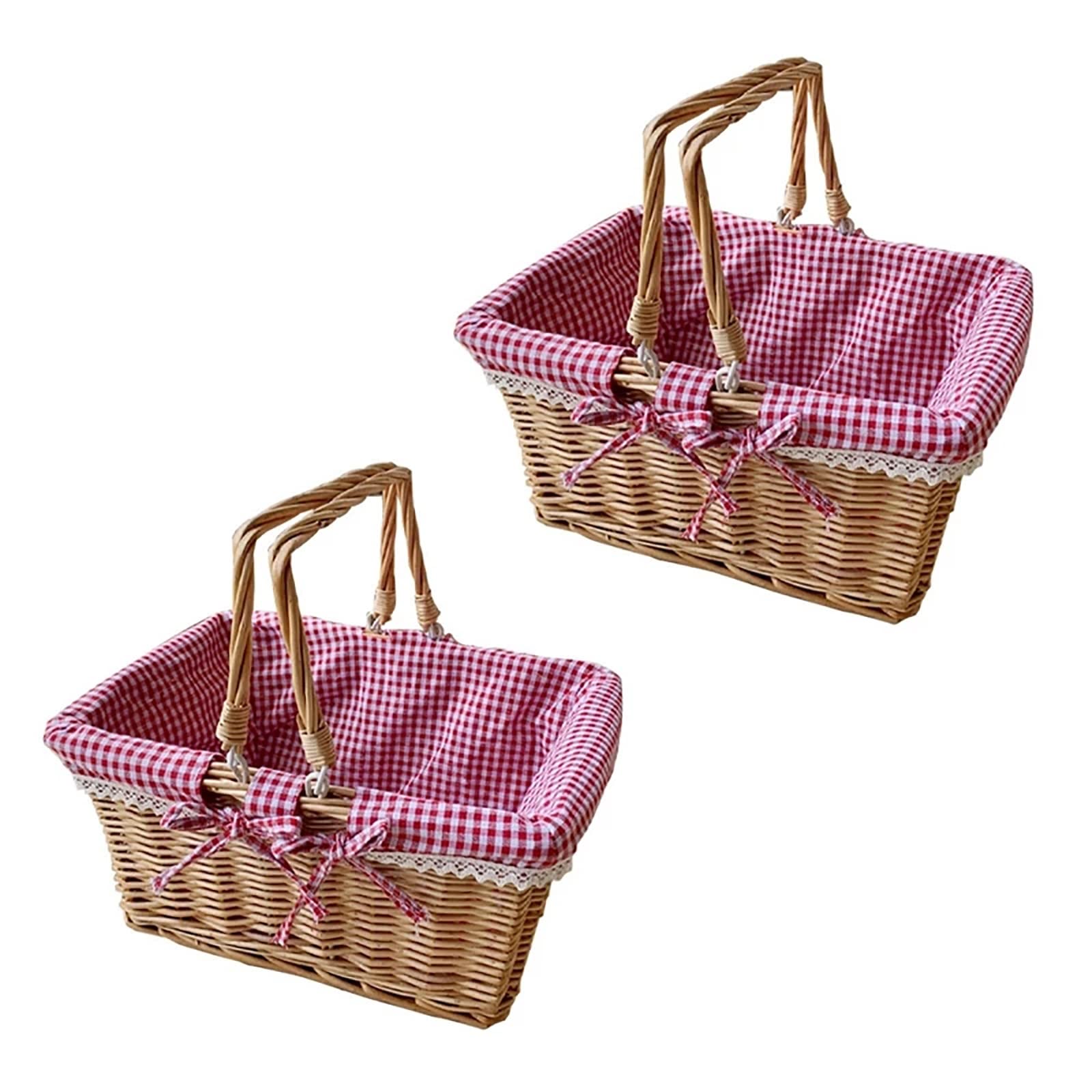 Premium Woven Wicker Picnic Basket with Double Handles & Cloth Lining - Ideal for Outdoor Picnics, Beach Trips, and Fruit Storage (Set of 2)