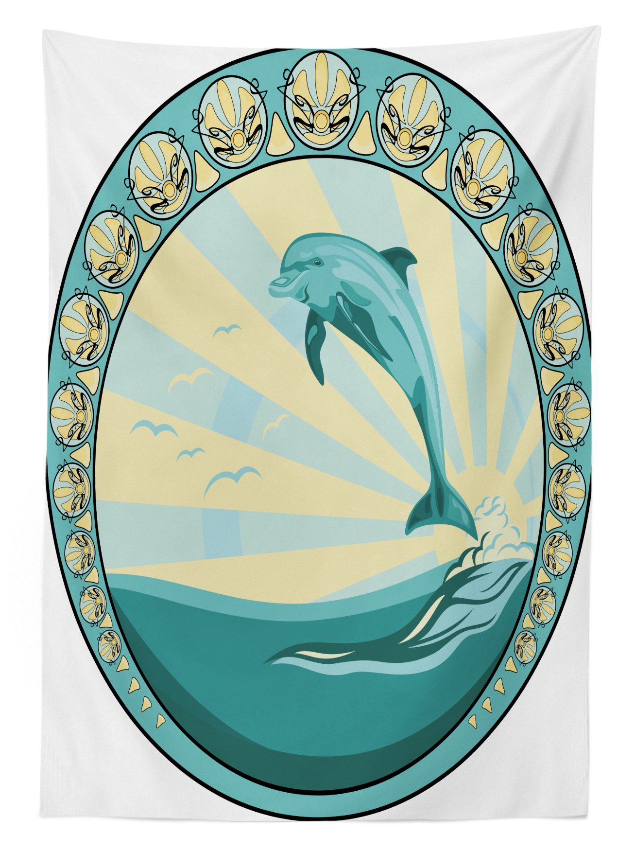 Ambesonne Waterproof Outdoor Tablecloth - Dolphin Design with Sun & Ocean Theme, 58