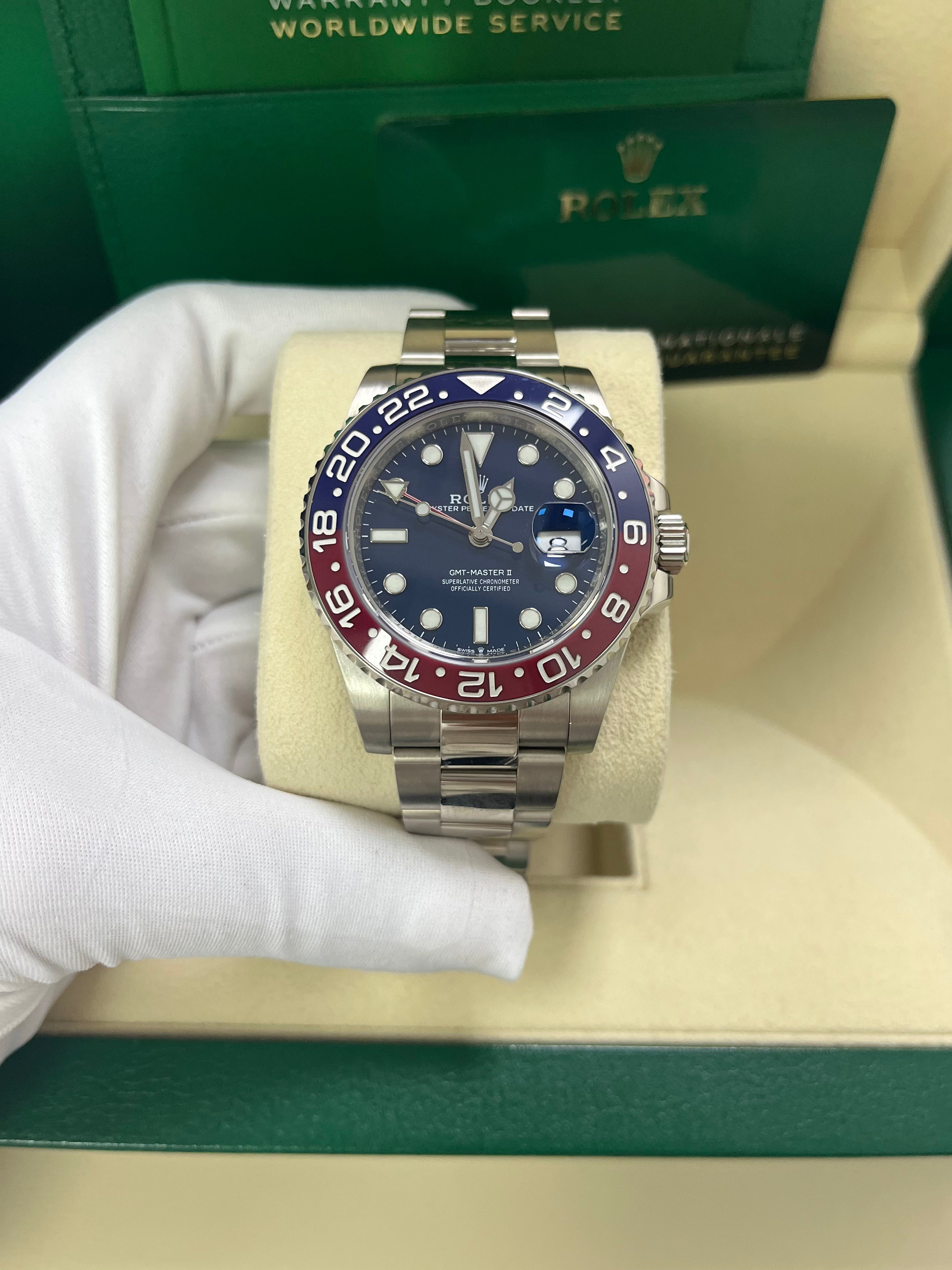 Rolex GMT Master II 40mm White Gold Pepsi Blue Dial Oyster Bracelet Ref#126719BLRO - Luxury Watch for Travel, Business & Collectors