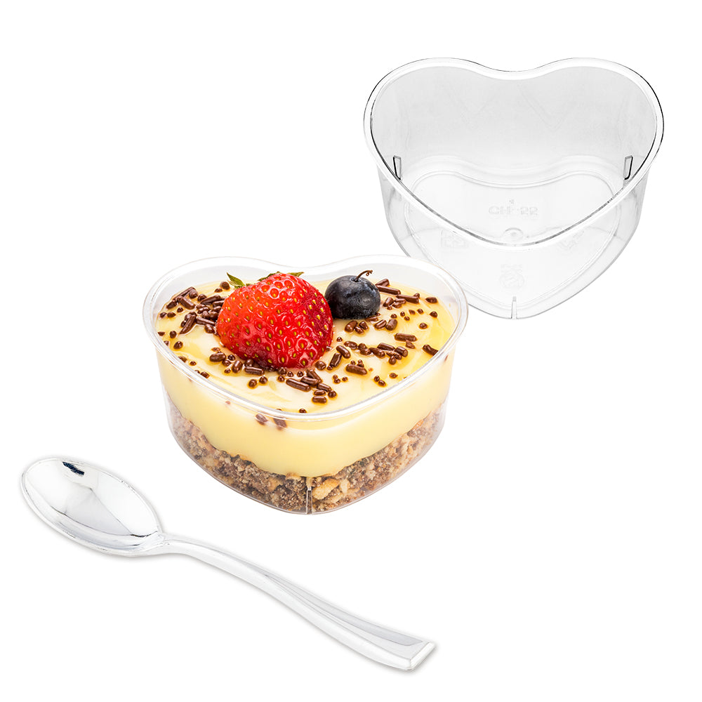 100 Pack 5 oz Clear Plastic Mini Heart Cups with 100 Silver Plastic Mini Spoons - Perfect for Valentine's Day Parties, Baby Showers, and Wedding Favors