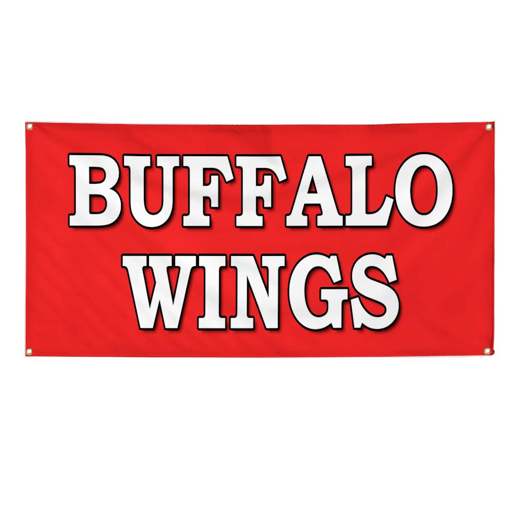 Buffalo Wings Vinyl Banner - 48x96 Inches, Weatherproof Outdoor Sign with 8 Grommets for Restaurants, Food Fairs & Beverage Events - Durable Yard Sign for Commercial Use