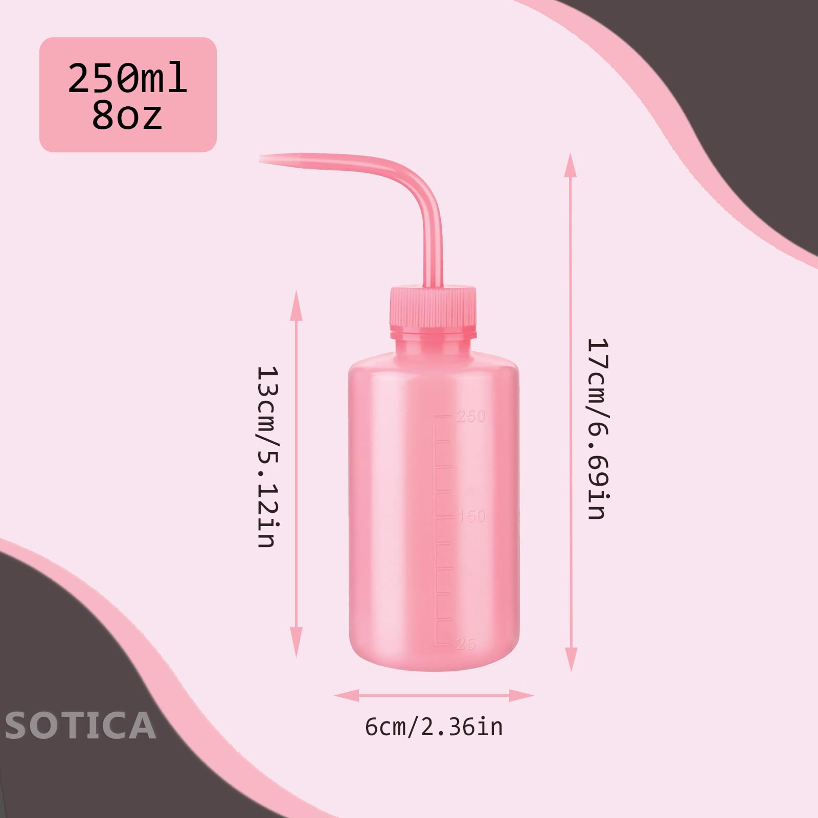 Sotica 8oz (250ml) Narrow Mouth Wash Bottles - 3 Pack Pink Squeeze Bottles with Measurement Scale & Labels | Tattoo Ink Bottles, Medical Lab Supplies, Lash Extension Tools, Succulent Watering Spray Bottles for Precise Liquid Dispensing