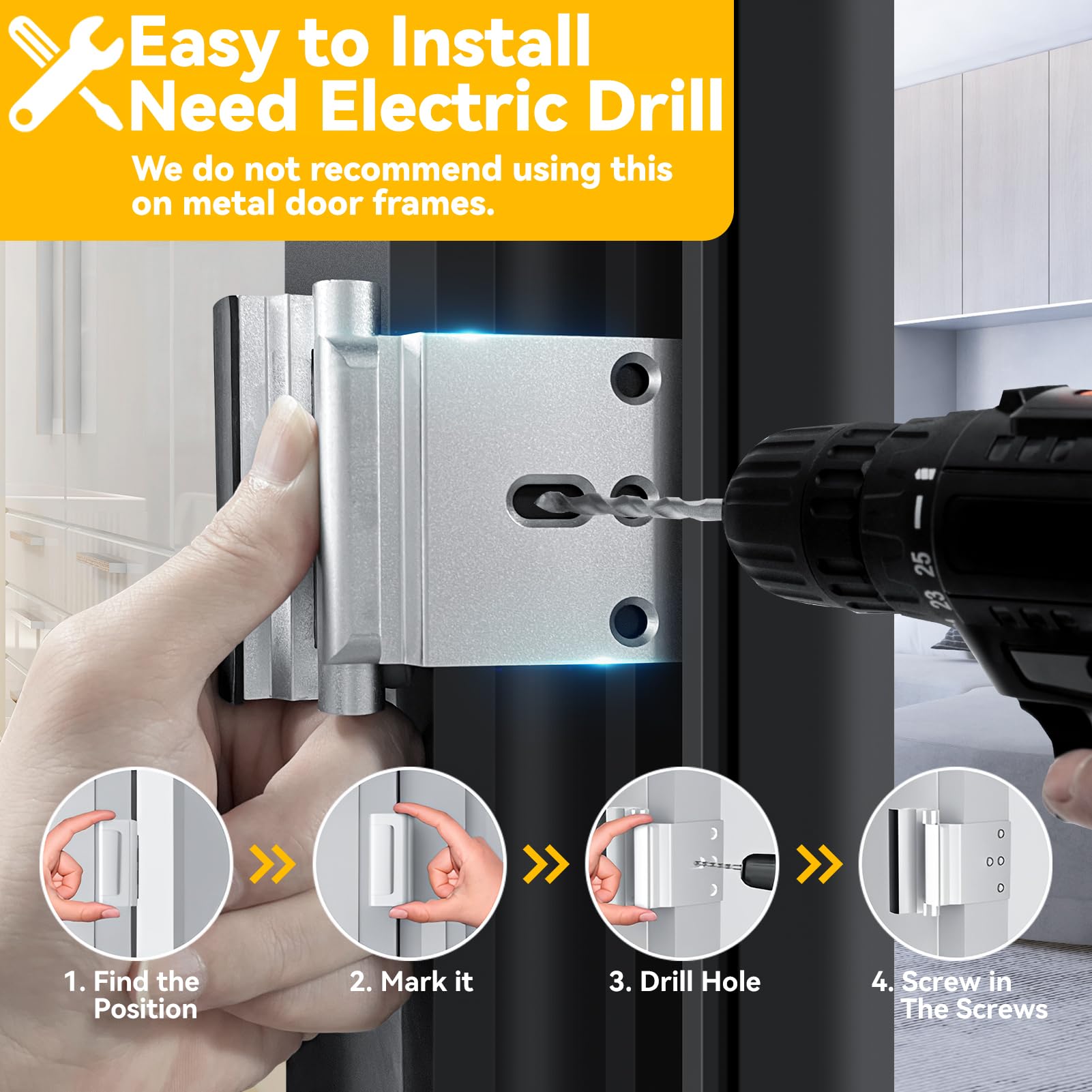 4 Pack Heavy Duty Home Security Door Lock - 800 lbs Force Resistance for Inward Swinging Doors, Anti-Break-In Reinforcement Lock with 8 Screws | Extra Protection for Apartments, Rental Homes & Privacy Security (Ideal for Front Doors, Bedrooms & Home Offices)