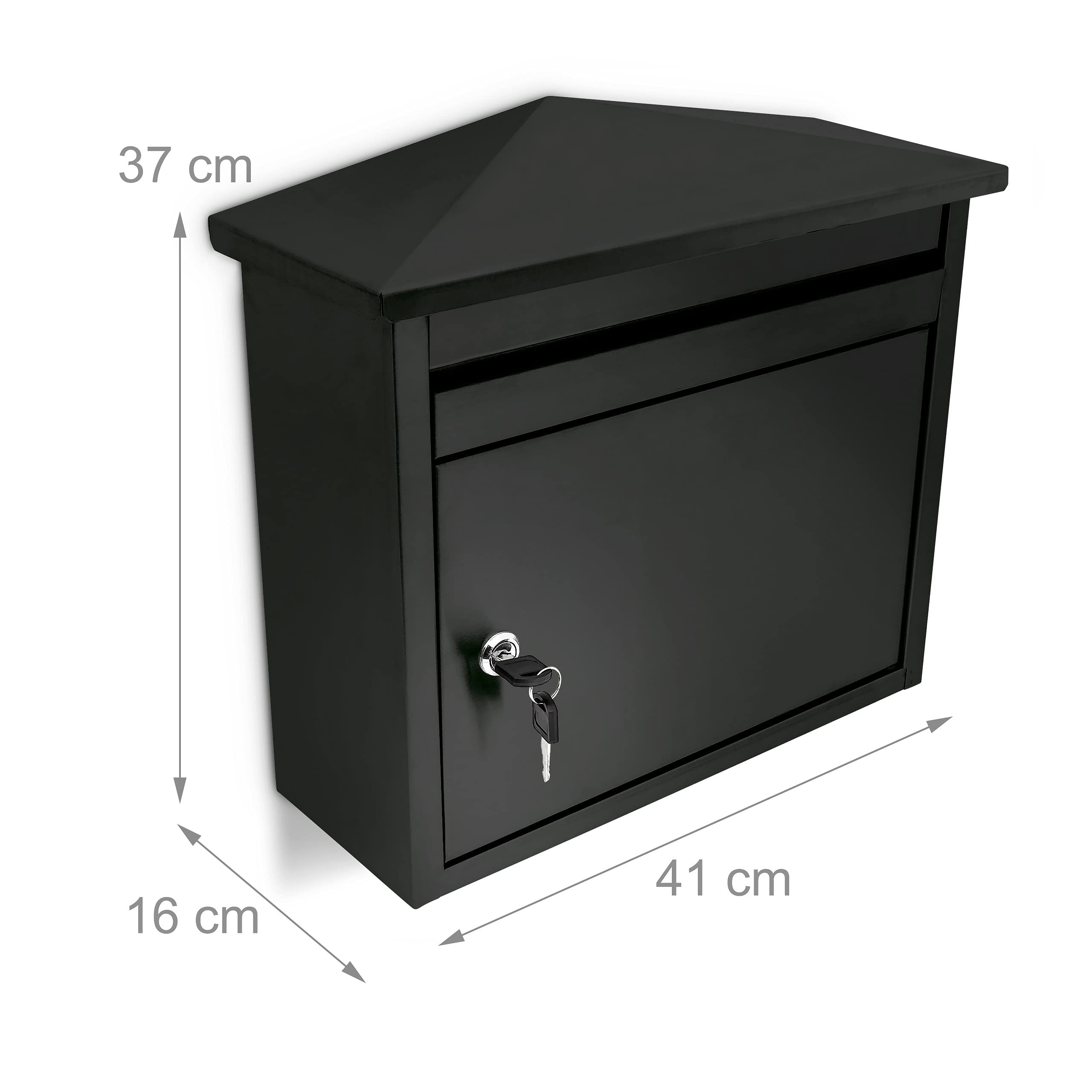 Black Powder-Coated Wall Mounted Mailbox - 16.1 x 14.6 x 6.3 Inches - Weatherproof Metal Mailbox for Home & Office - Perfect for Porch, Garden, and Outdoor Use