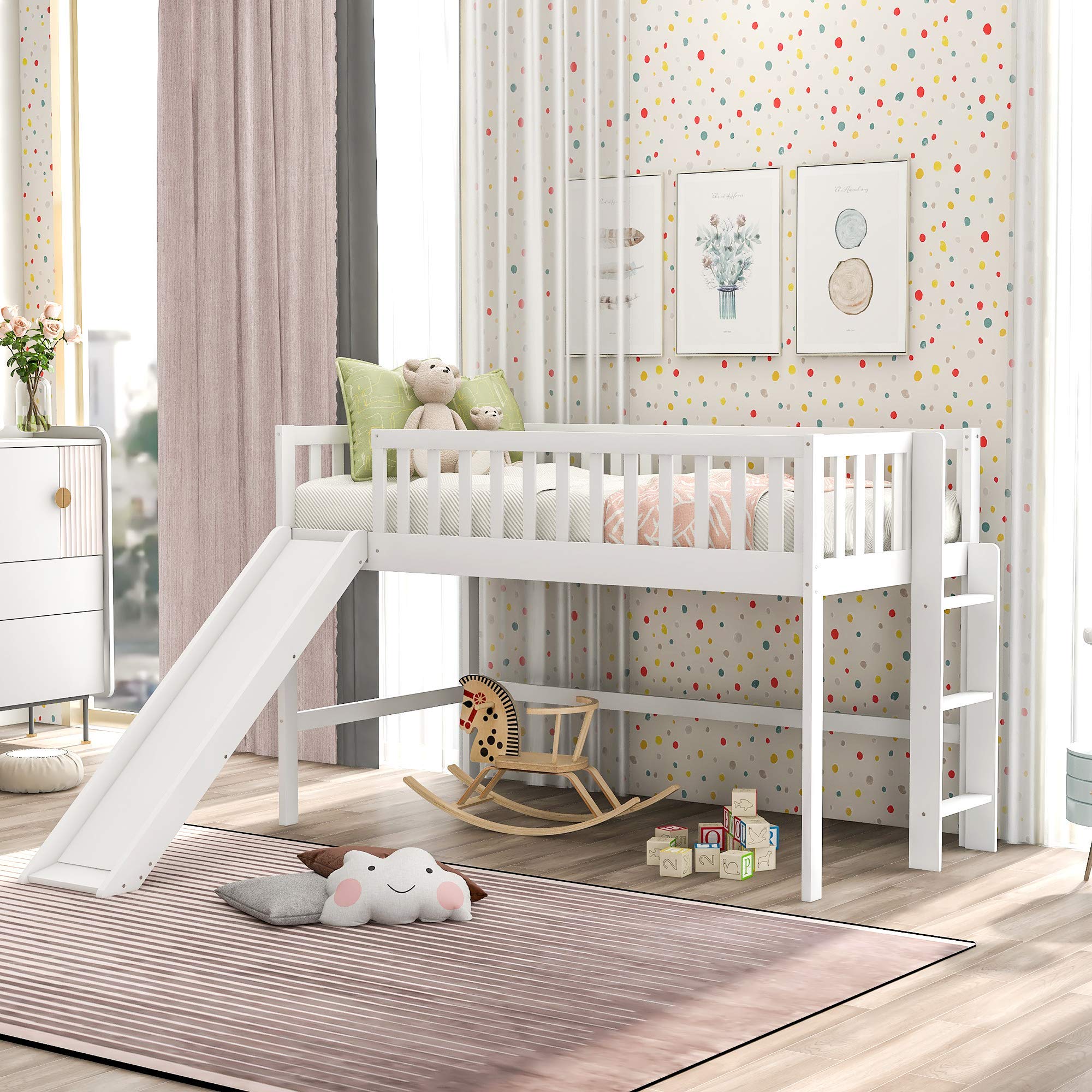 Harper & Bright Designs Twin Loft Bed with Slide, Ladder & High Security Guardrail - Sturdy Wood Low Kids Loft Bed Frame, No Box Spring Needed (Twin, White) - Perfect for Small Kids' Bedrooms, Playrooms & Space-Saving Solutions