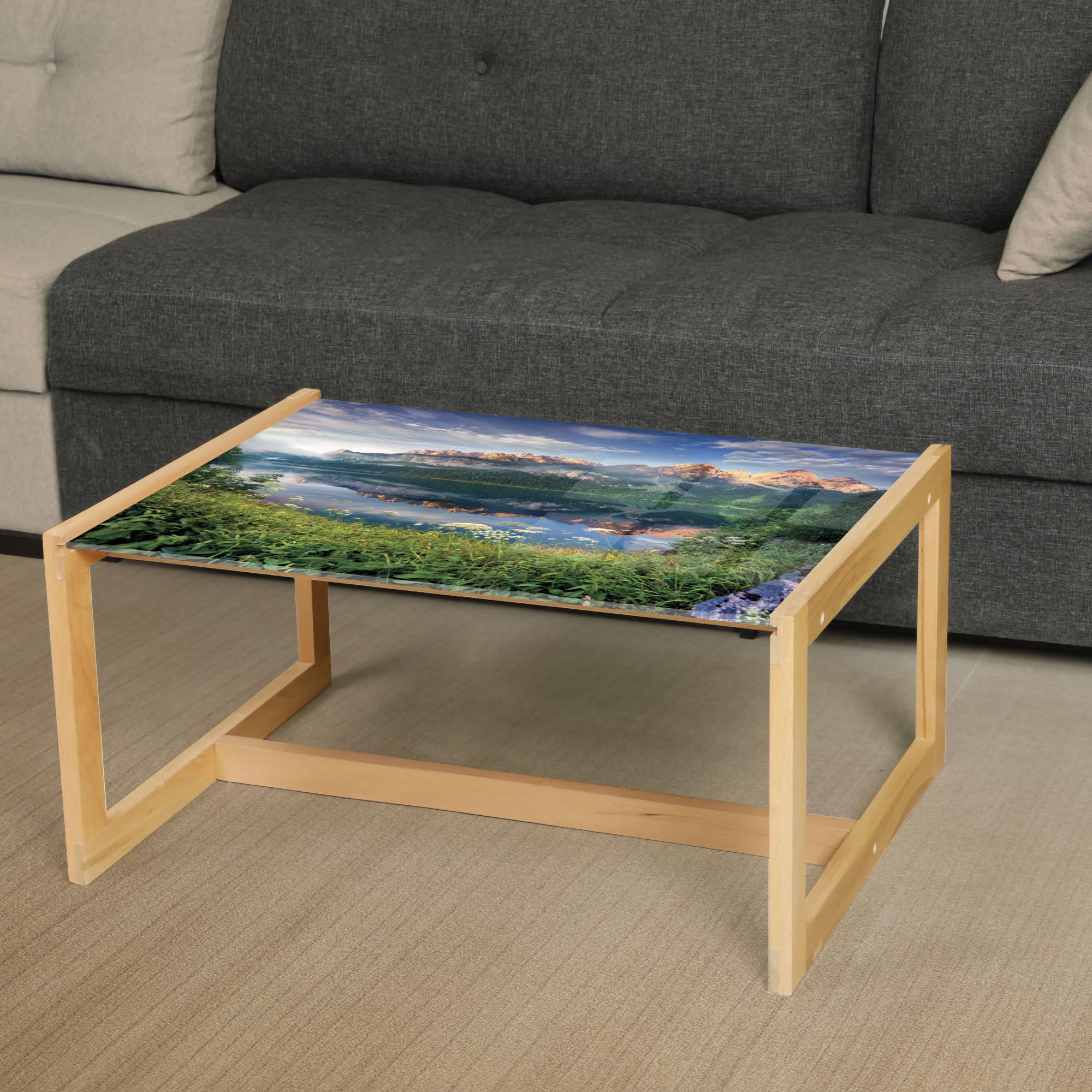 Ambesonne Mountain Coffee Table - Sunny Summer Morning on Lake Austrian Alps with Crystal Mirroring Water, Acrylic Glass Center Table with Wooden Frame for Living Room, Office, Dorm - Large Green Blue Peach Design - Perfect for Home Decor, Modern Spaces & Cozy Gatherings