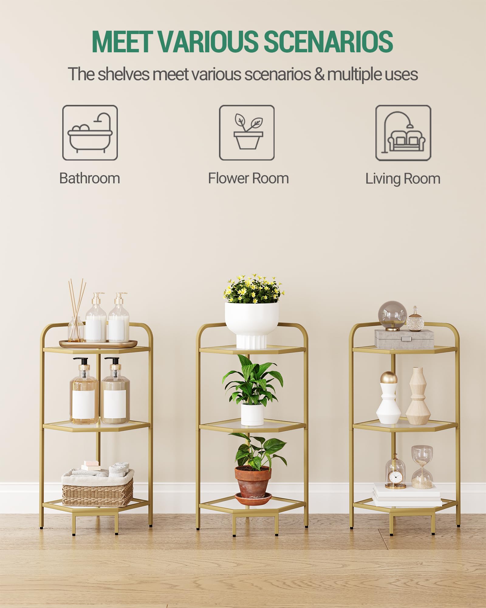 Modern 3-Tier Golden Corner Shelf Stand - Steel Frame & Tempered Glass Bookcase, Bathroom Organizer & Plant Stand - Perfect for Living Room, Kitchen, Bathroom Storage & Home Decor