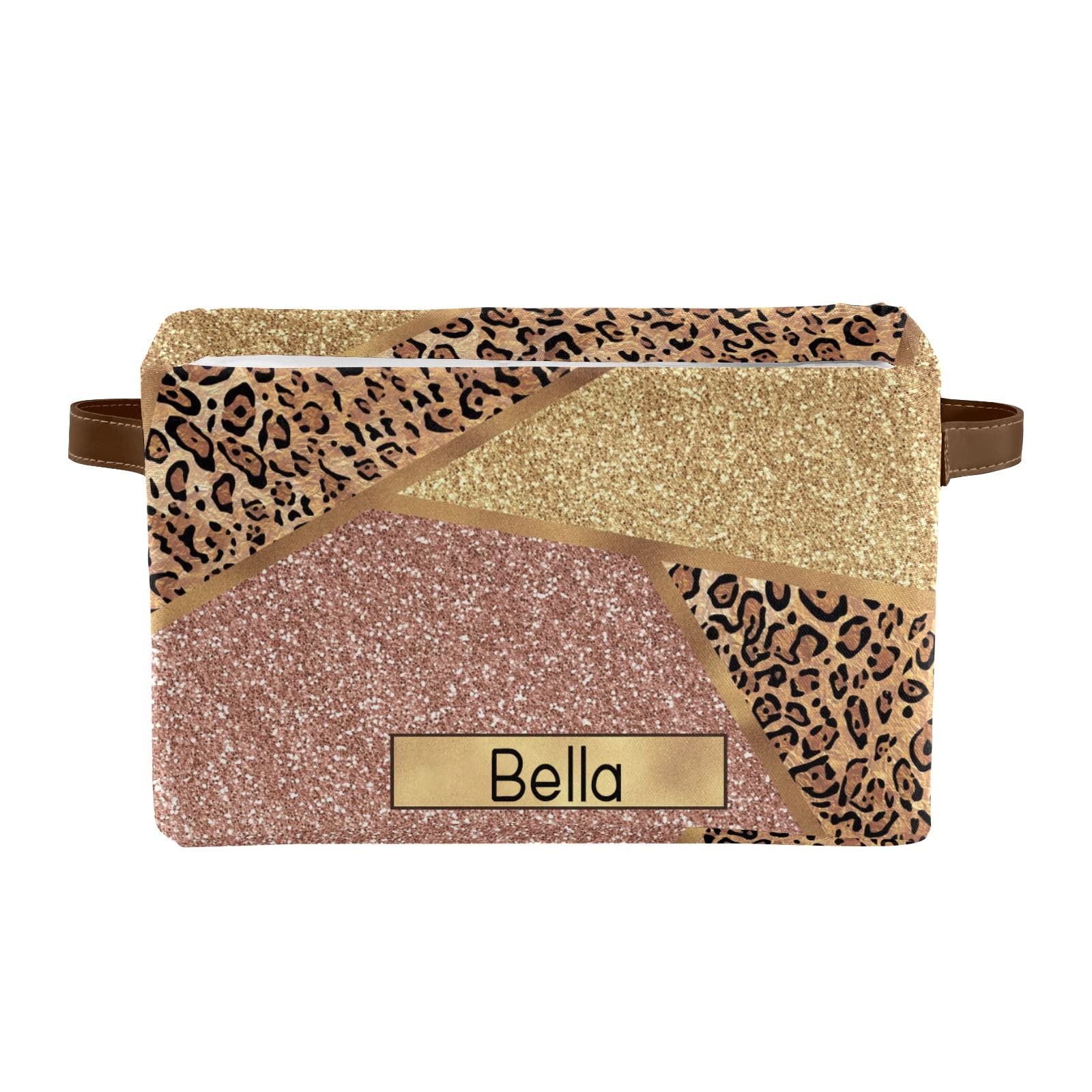 Personalized Rose Gold Leopard Print Storage Baskets with Custom Name - Set of 4 Rectangular Home & Kitchen Organization Bins for Bedroom, Bathroom, Nursery, and Office Storage