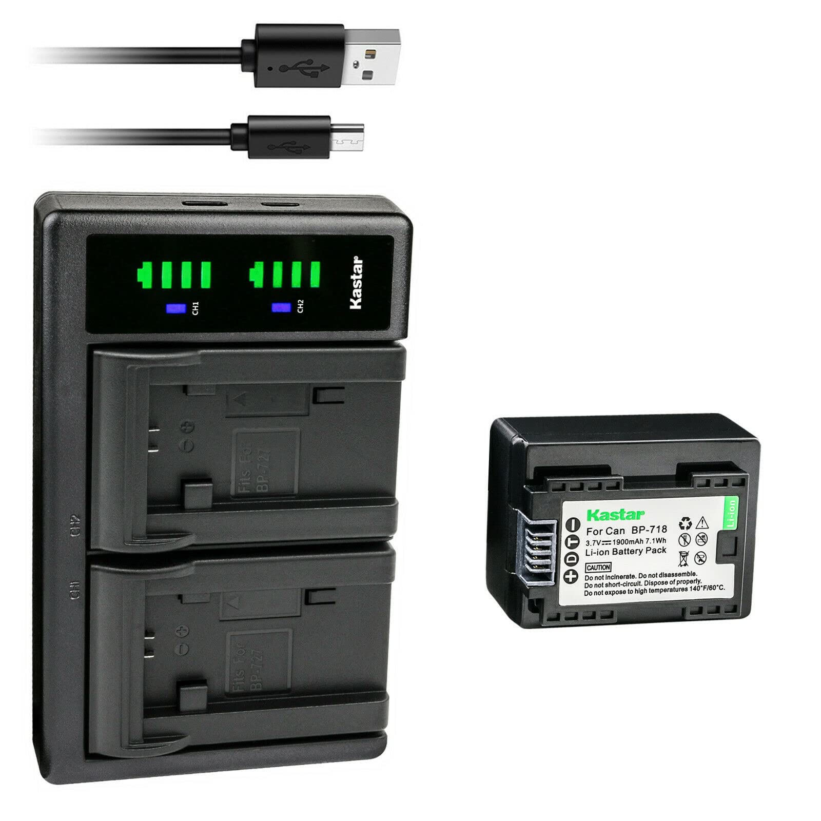 Kastar 1900mAh Replacement Battery & LTD2 USB Charger for Canon VIXIA HF R50/R52/R60/R62/R70/R72 Camcorders - Dual 800mA Output, Micro-USB & Type-C Input - Perfect for Travel Vlogging and Home Video Recording