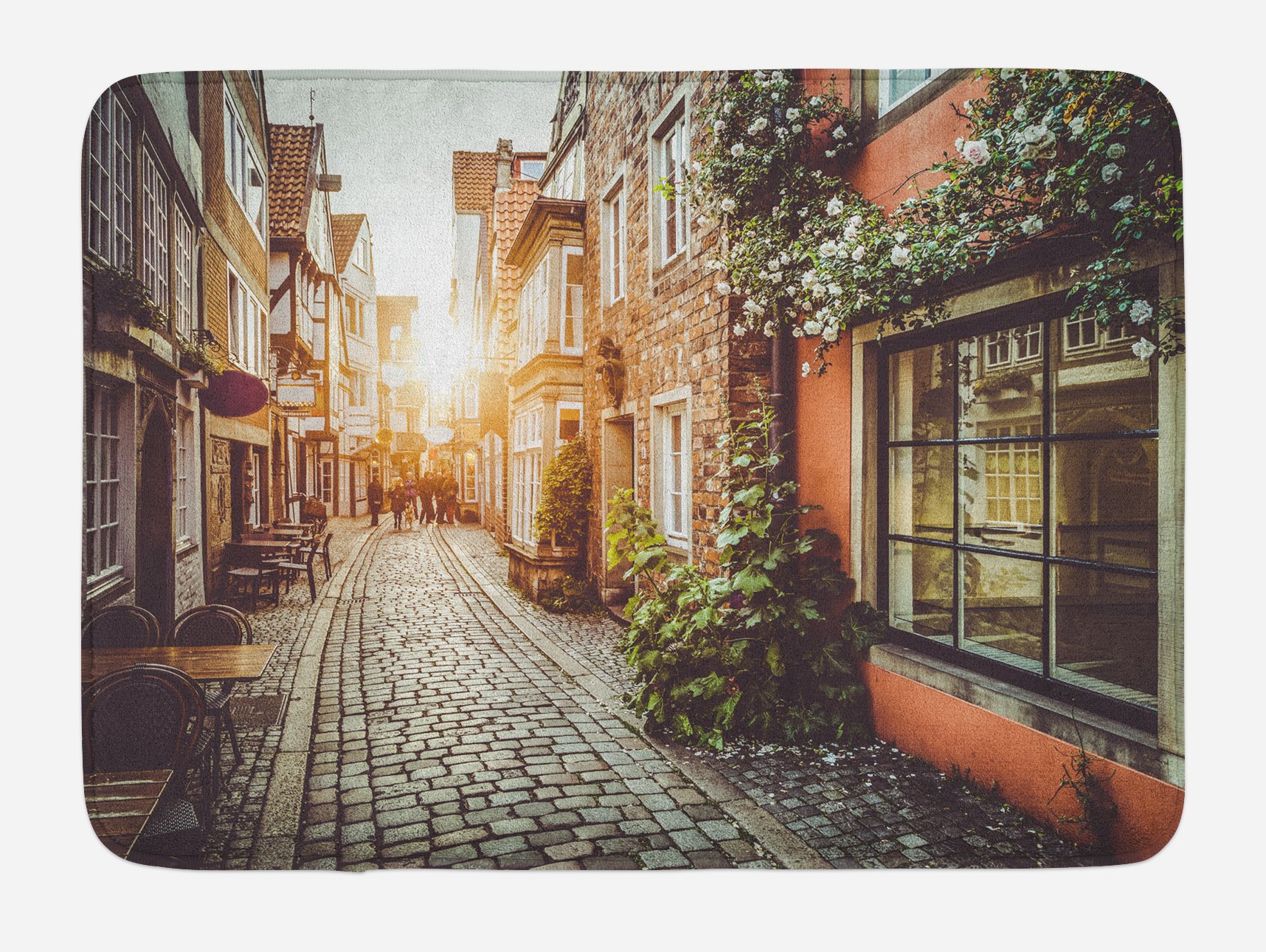 Ambesonne Non-Slip Plush Bath Mat - Vintage European Cityscape Design with Old Town Cafes & Architecture, 30.2