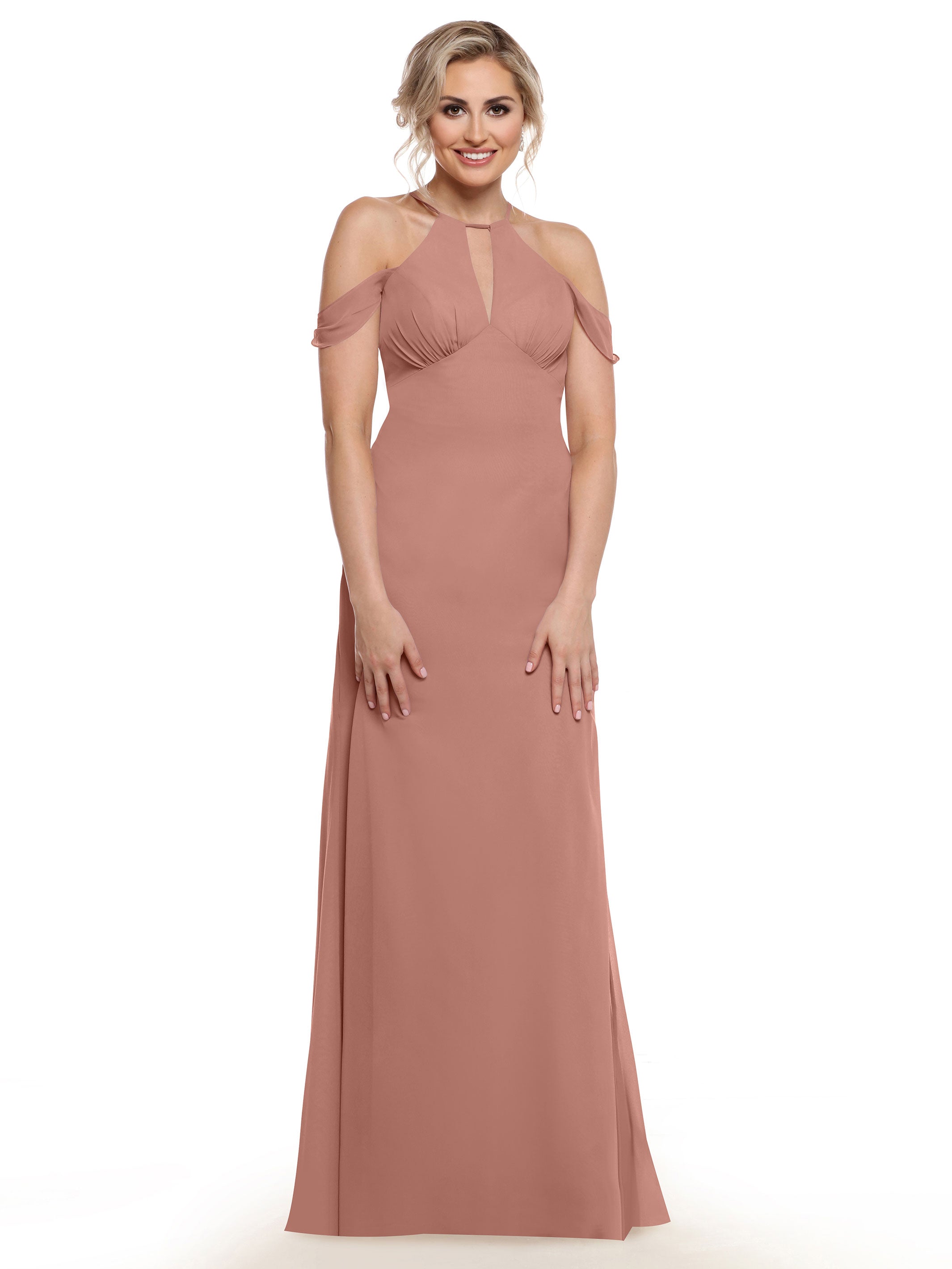 Elegant Off The Shoulder Chiffon Bridesmaid Dress with Halter Neckline - Perfect for Weddings, Formal Events & Special Occasions