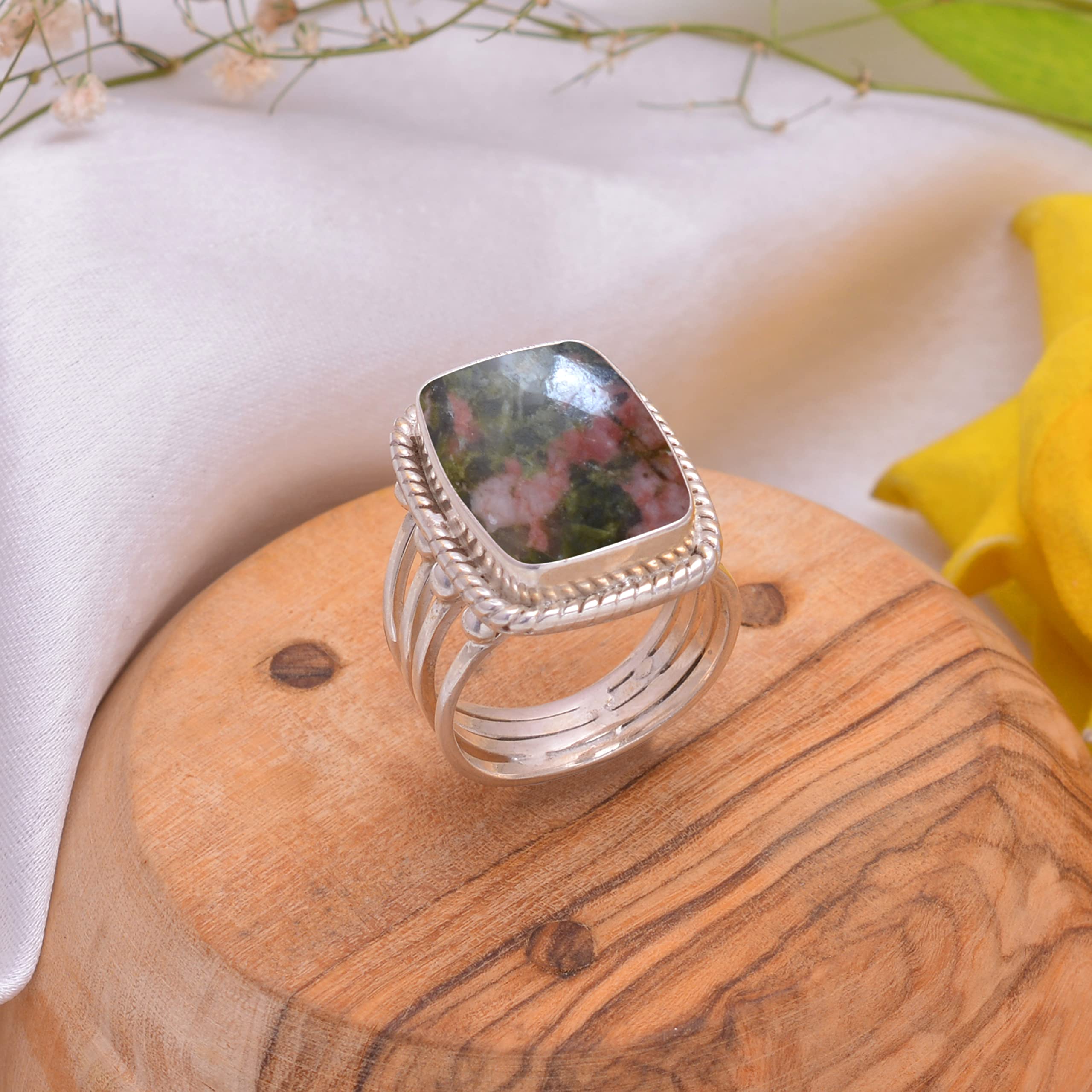 Veracity Jewelry 925 Sterling Silver Unakite Jasper Ring for Women - Natural Orange Green Red Healing Gemstone Meditation Jewelry - Perfect for Yoga, Spiritual Healing & Everyday Wear - VSR-819
