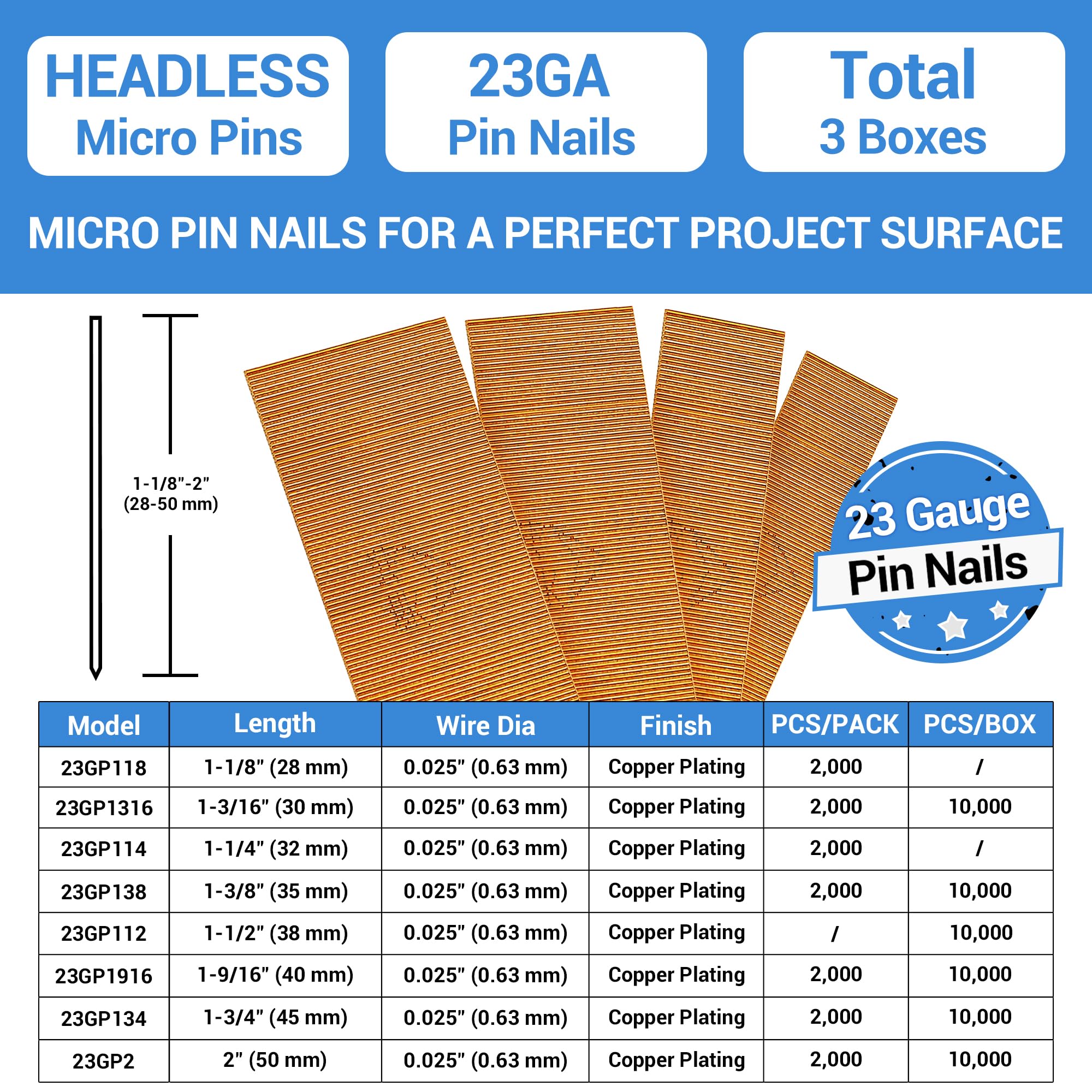 Meite 23 Gauge 1-3/8 Inch Copper Plated Headless Pin Nails for Pin Nailer - 3 Boxes (1500 Pcs) - Perfect for Fine Woodworking, Trim Work, Cabinet Making and Furniture Repair