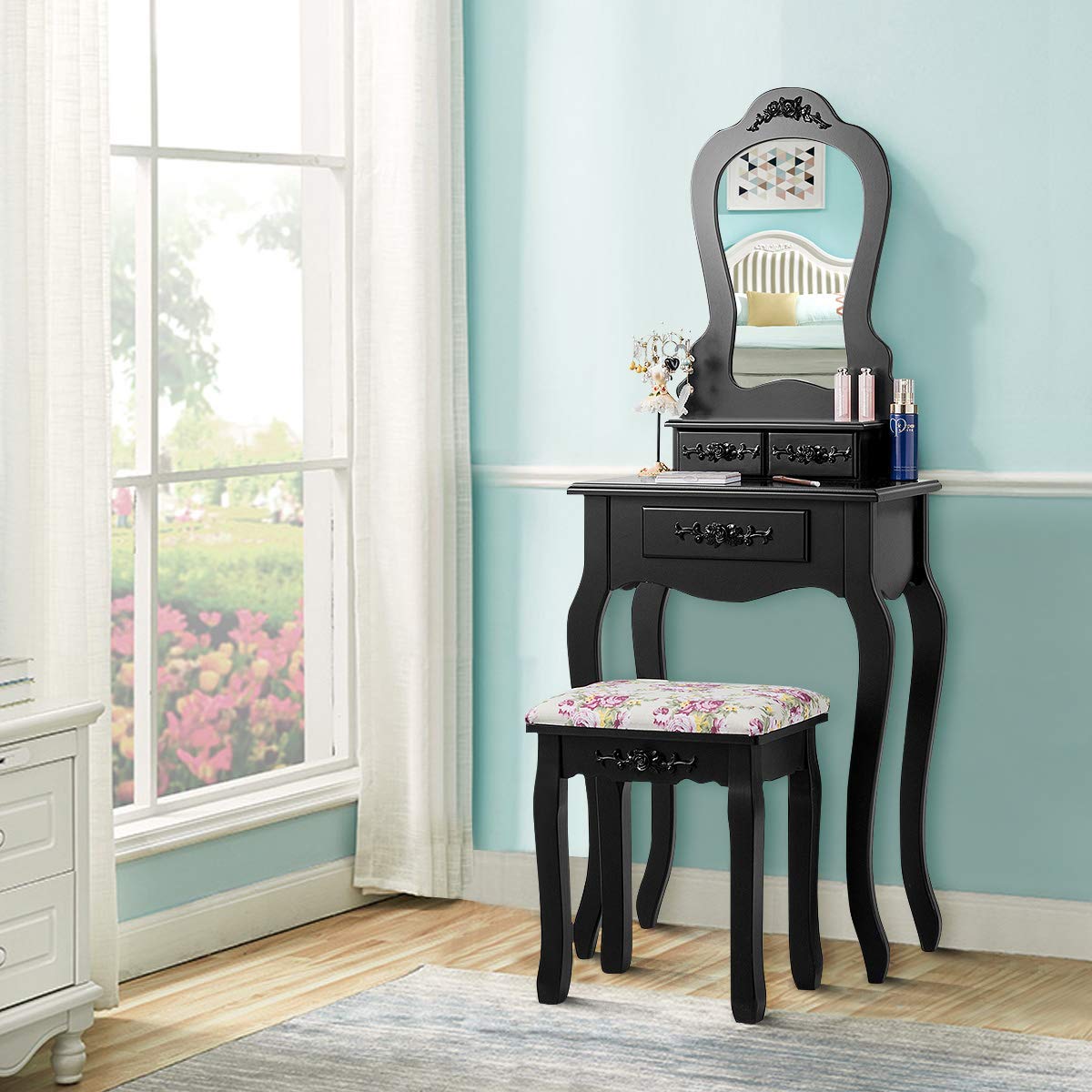 Vanity Table Set with Stool & Mirror - Multifunctional Makeup Dressing Table, Writing Desk with Drawers, Fan-Shaped Mirror & Cushioned Stool - Contemporary White Dressing Table for Bedroom, Home Office & Beauty Salon Use