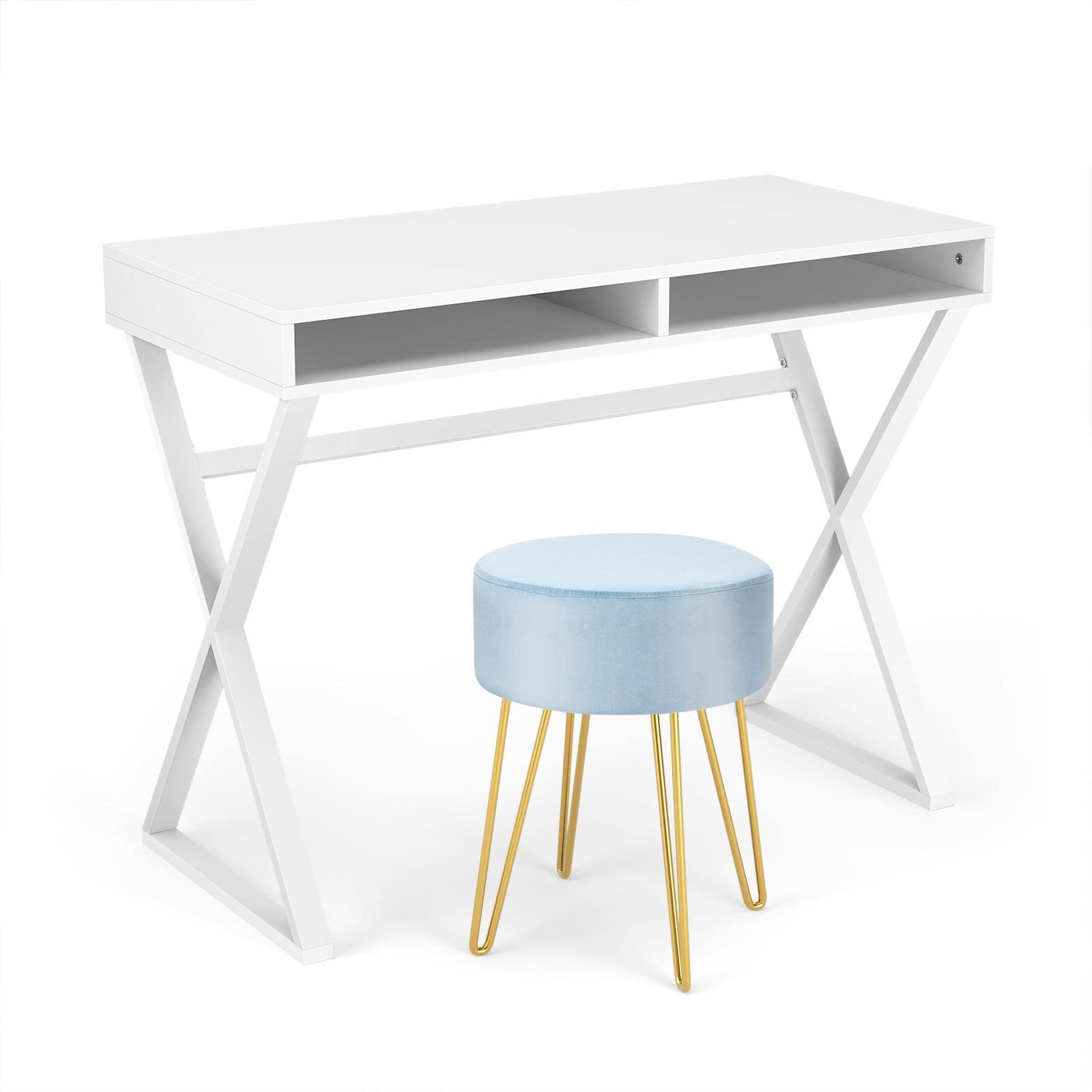 Elegant Vanity Table Set with Velvet Ottoman - Makeup Dressing & Writing Desk for Bedroom, Portable Vanity Desk with Side Tables | Perfect for Makeup Application, Skincare Routine, Home Office & Small Space Living