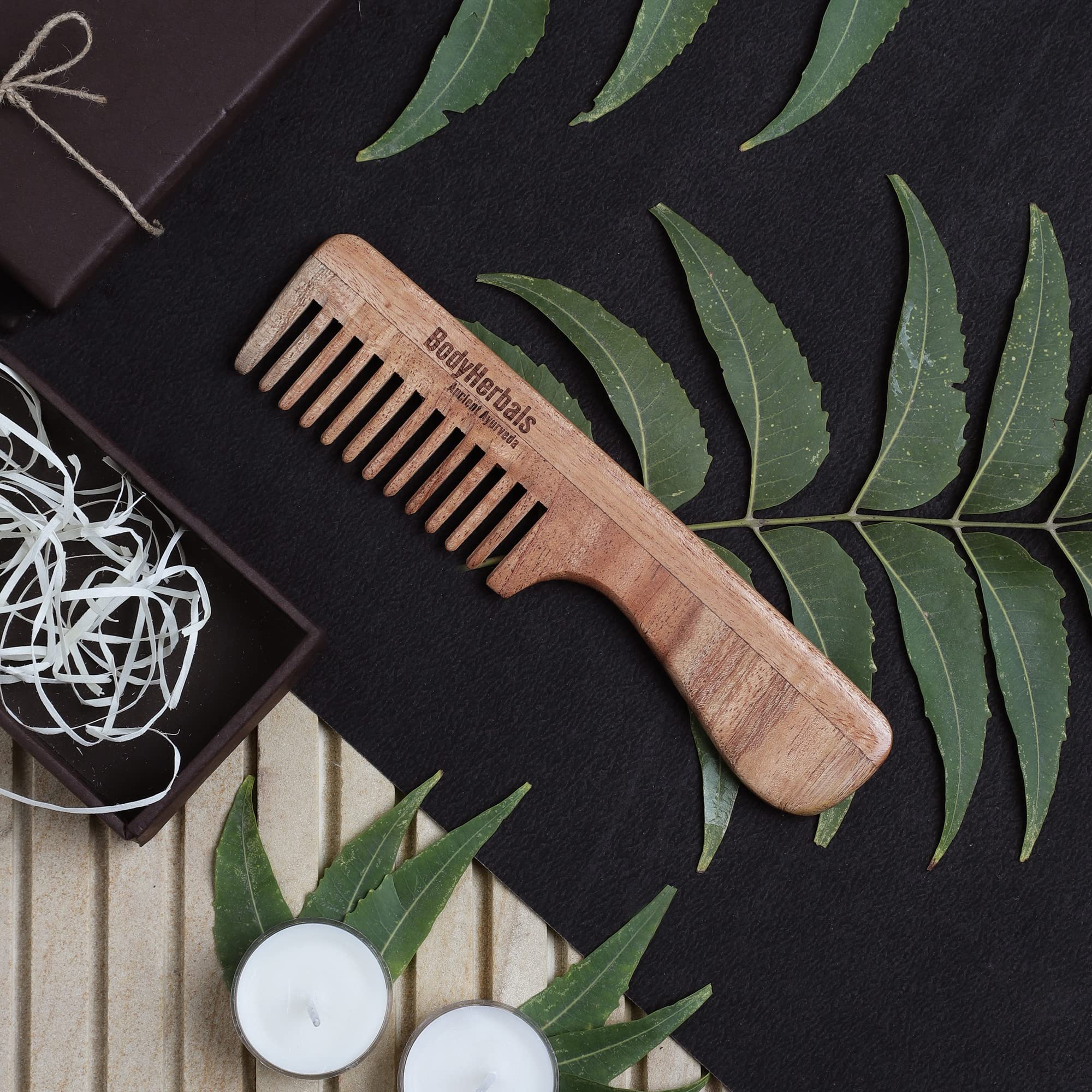 BodyHerbals Neem Wood Dressing Comb - Handmade Detangling Rake Comb with Ergonomic Handle, Natural Hair Care Gift Set (Cream) | Perfect for Daily Styling, Scalp Massage & Travel Essentials
