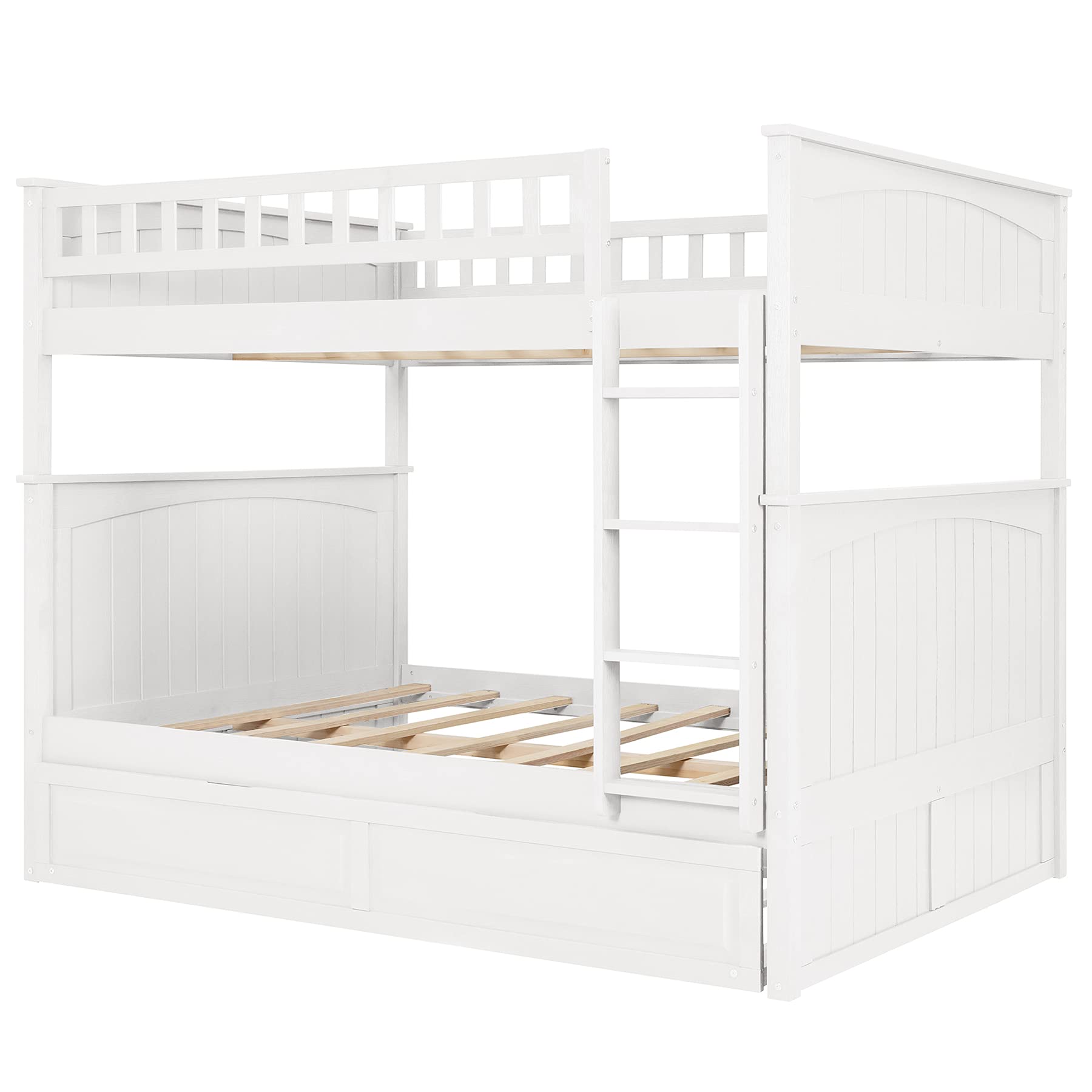 P PURLOVE Full Over Full Bunk Bed with Trundle - Solid Wood Bunk Bed Frame with Safety Guardrails for Kids & Teens - Space-Saving Bedroom Furniture for Small Rooms, Guest Rooms & Vacation Homes (White)