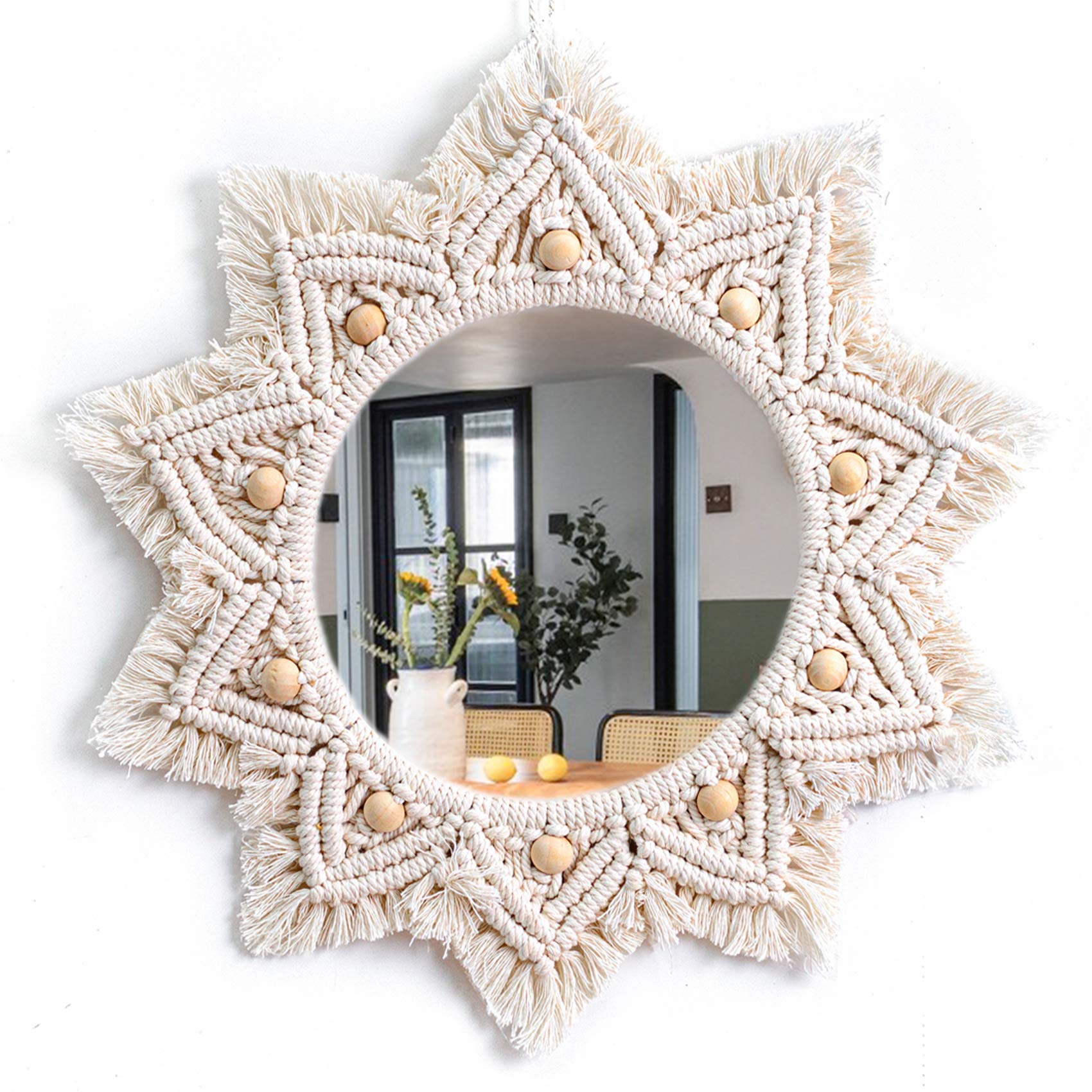 Boho Wall Decor Mirror - Handmade Macrame Circle Hanging Mirror for Bedroom, Living Room, Apartment & Entryway - Natural Home Decor for Bohemian Style & Farmhouse Decor