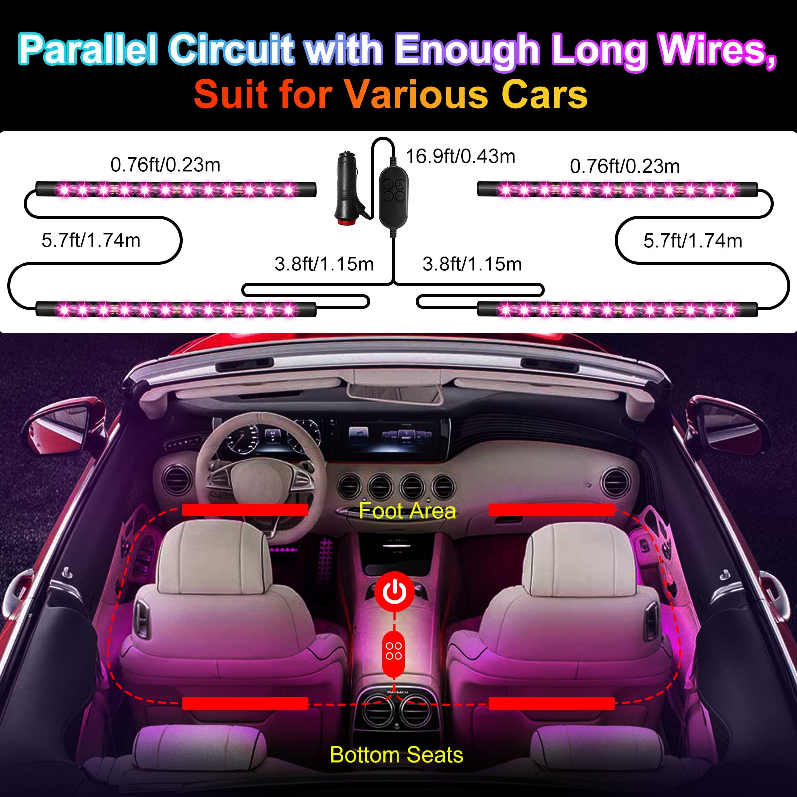 Unifilar Car LED Strip Light Kit - 4pcs 48 LED APP Controlled Multicolor Interior Lighting with Music Sync | Waterproof Under Dash Lights for iPhone & Android | Includes 12V Car Charger | Perfect for Car Customization, Night Driving & Party Atmosphere