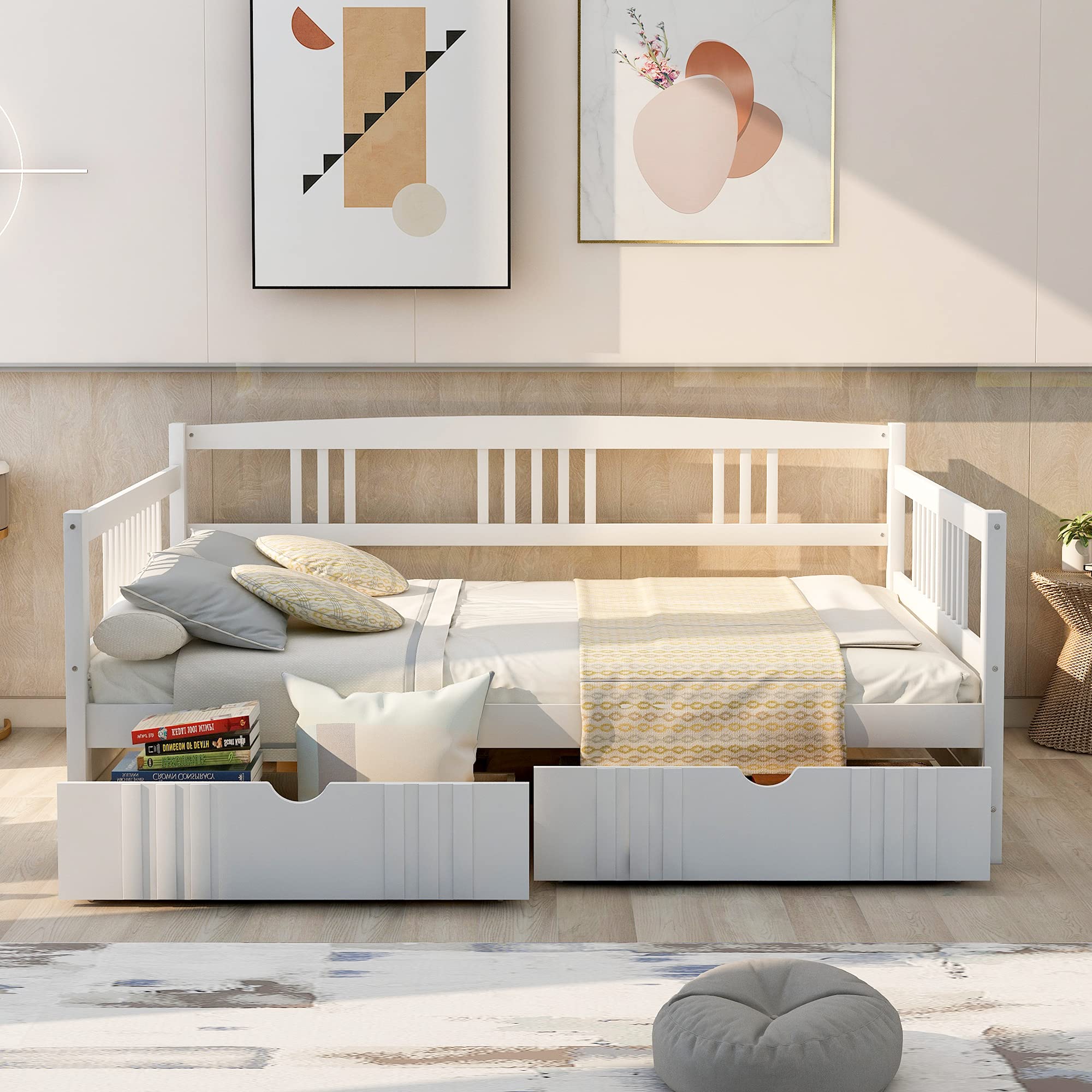 Full Size Daybed with Two Drawers & Slat Support - Solid Wood Sofa Bed Frame with Storage - No Box Spring Needed (White) - Perfect for Guest Rooms, Small Apartments & Multi-Functional Spaces