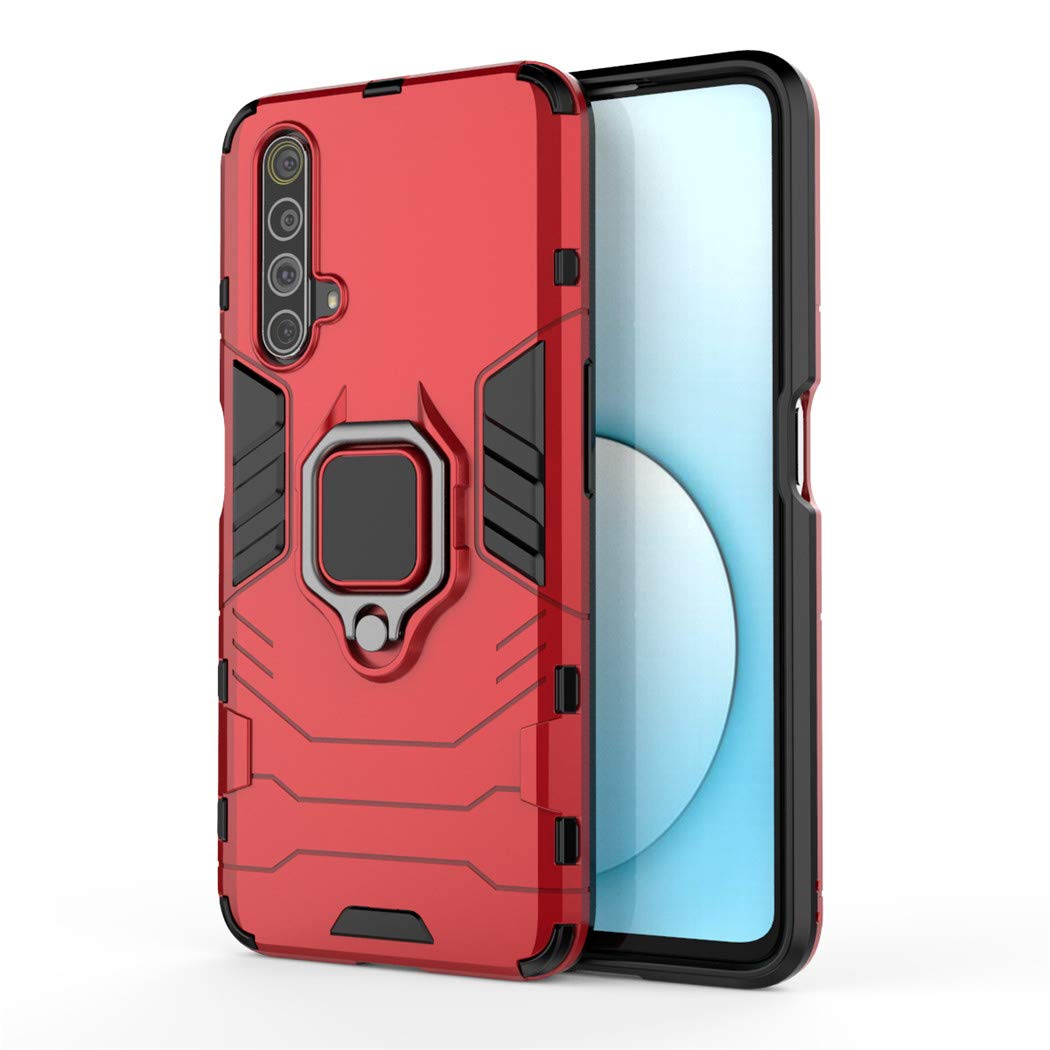 Shockproof Hard Bumper Case for Oppo Realme X50 5G with Metal Ring Grip & Kickstand - Magnetic Car Mount Compatible, Dual Layer Rugged Protective Cover (Red) - Perfect for Outdoor Activities, Travel and Daily Use
