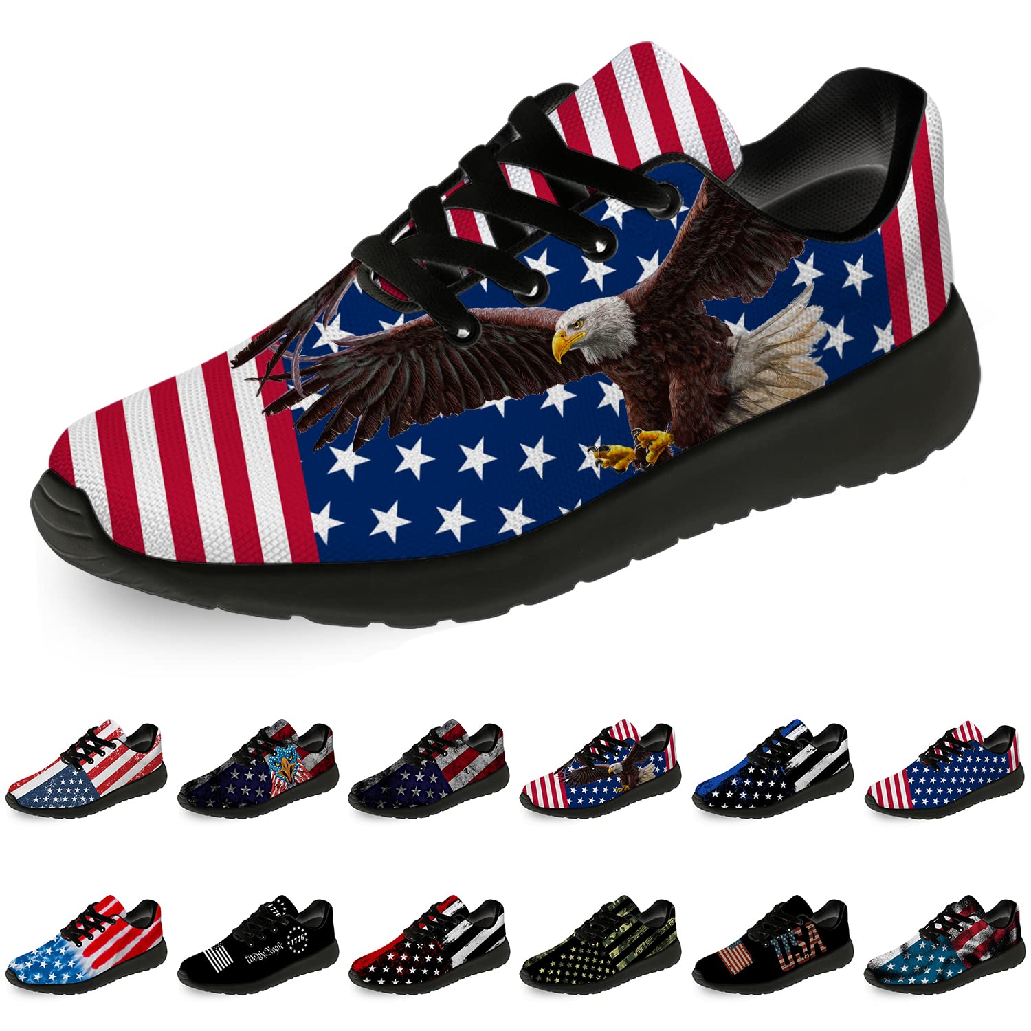 USA Flag Sneakers for Men & Women - Patriotic Running, Walking & Tennis Shoes with Bold Eagle Design - Unisex American Flag Gifts (Size 4 Men/6 Women, Black) - Perfect for 4th of July, Veterans Day & Patriotic Events