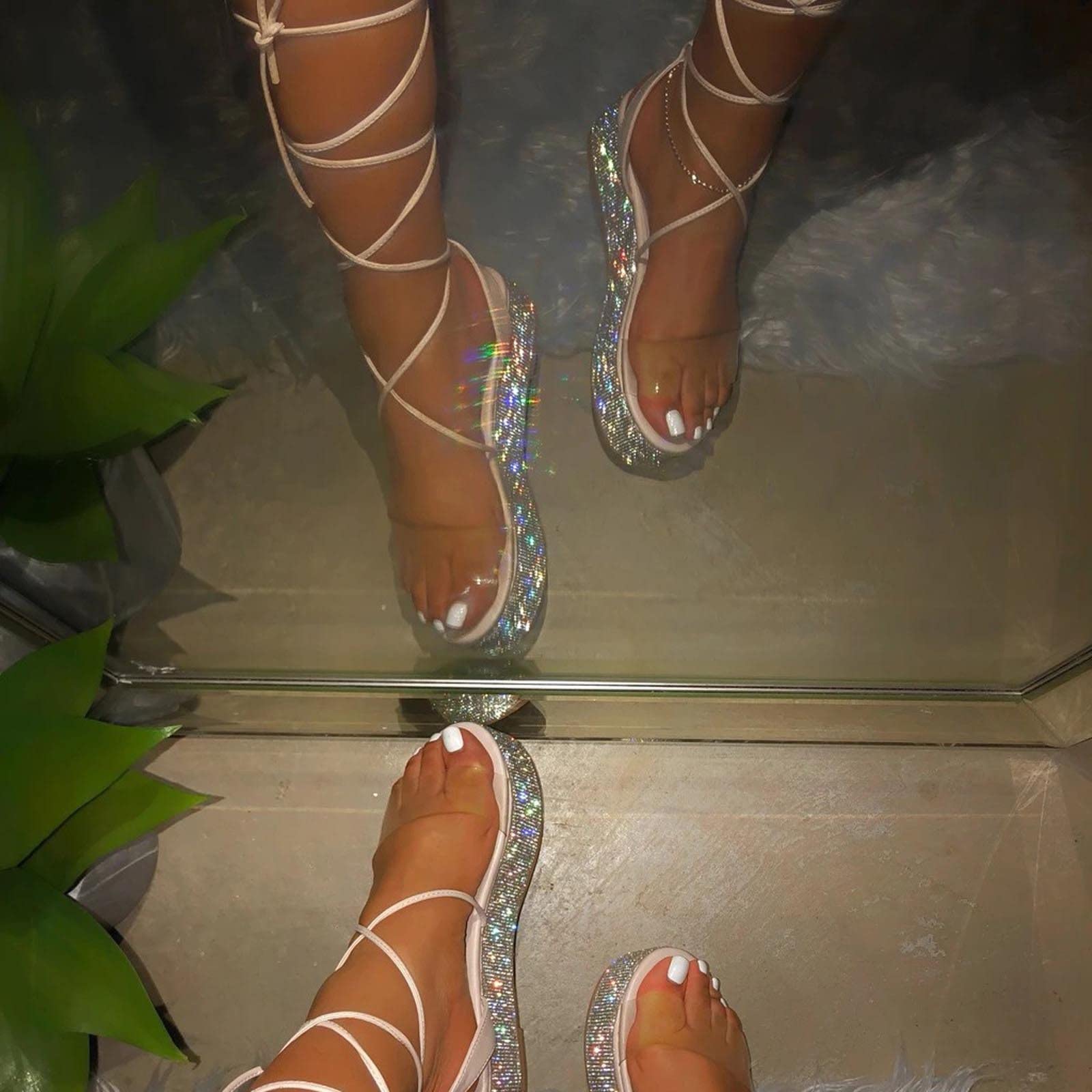 Sparkly Rhinestone Platform Sandals for Women - Summer Casual Clear Strap Open Toe Cross Strappy Lace Up Sandals - Comfortable Outdoor Beach Shoes & Slippers for Pool Parties, Vacations, and Date Nights