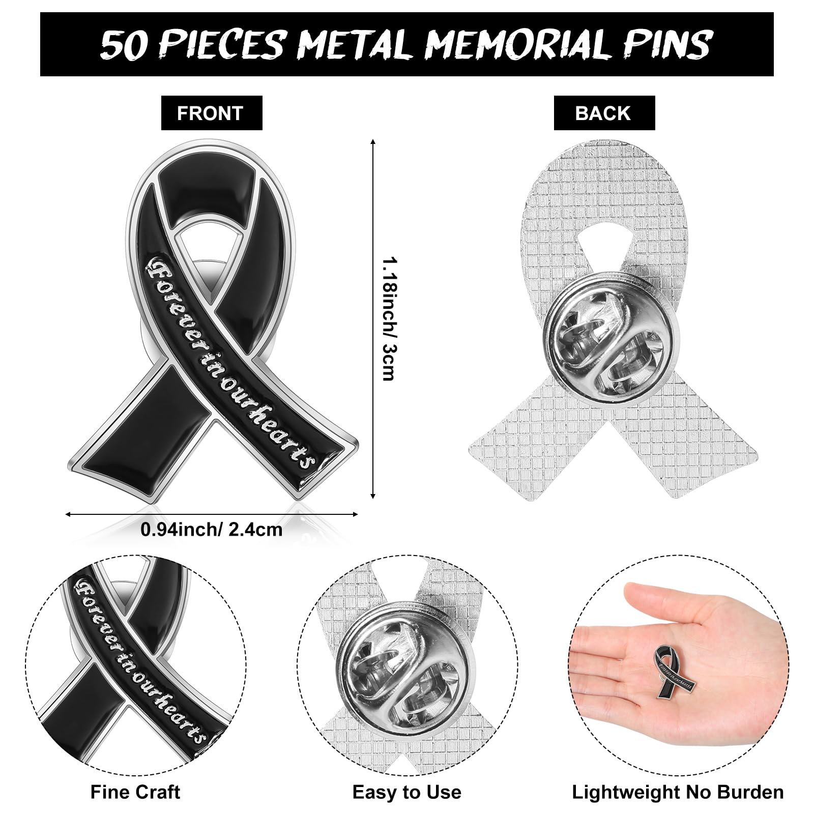 Tigeen 50 Pack Black Metal Funeral Ribbon Pins - Memorial Lapel Pins for Funeral Service, Memorial Day & Remembrance Events - Forever in Our Hearts Keepsake - Perfect for Graveside Ceremonies, Wake Services & Sympathy Gifts