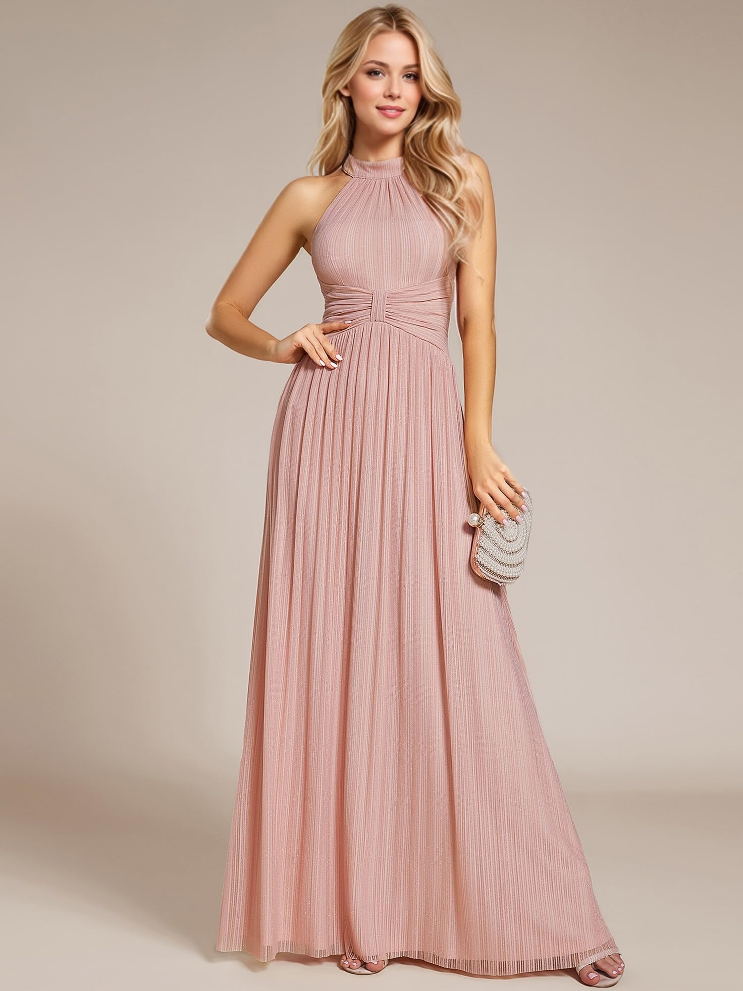 Ever-Pretty Women's Halter Neck Glitter Evening Dress - Sleeveless Pleated Floor-Length Formal Gown for Summer Parties, Prom, Wedding & Special Occasions