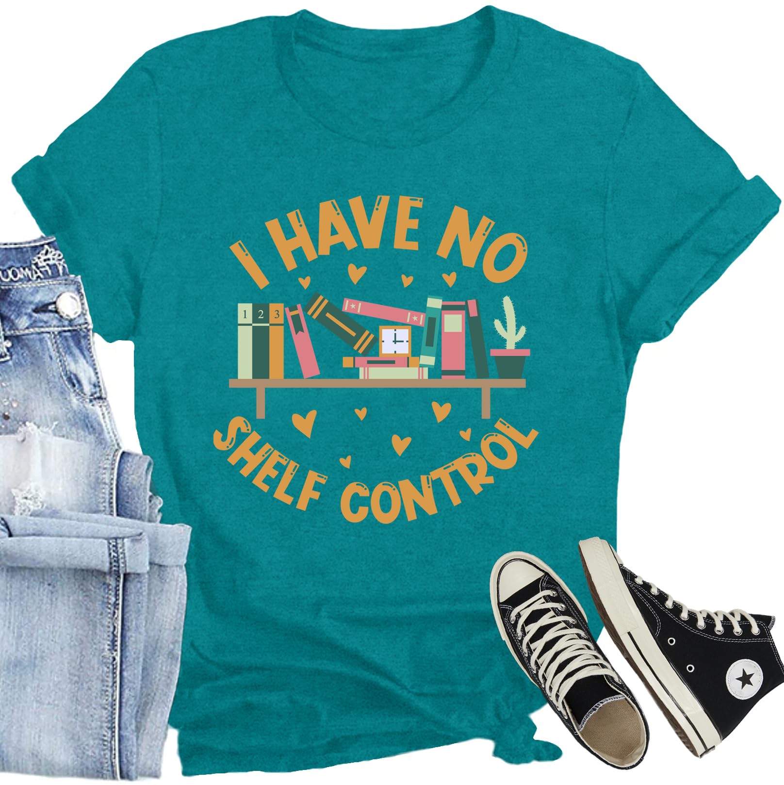Women's 'I Have No Shelf Control' Book Lover T-Shirt - Funny Librarian Reading Tee for Teachers & Bookworms - Perfect for Book Club, Library Days & Casual Wear