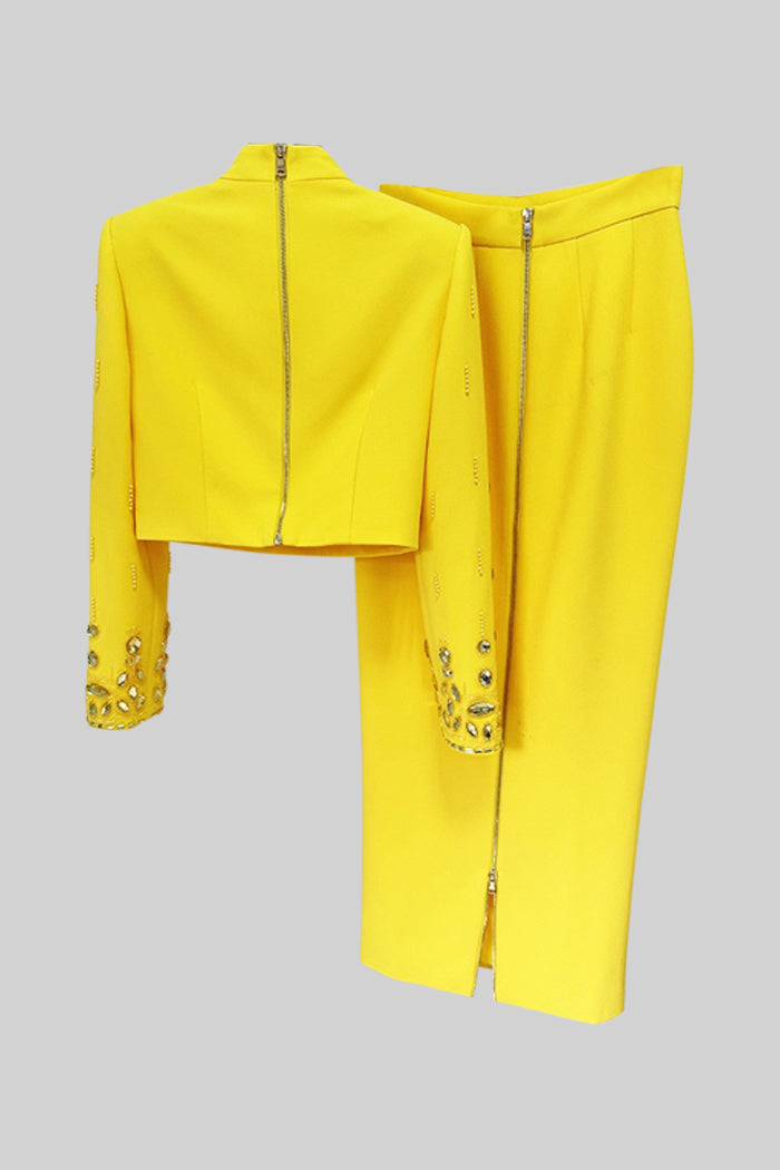 Elegant Diamond Embellished Co-Ord Set with Maxi Skirt in Yellow | Women's Fashion Outfit for Parties, Weddings & Special Occasions