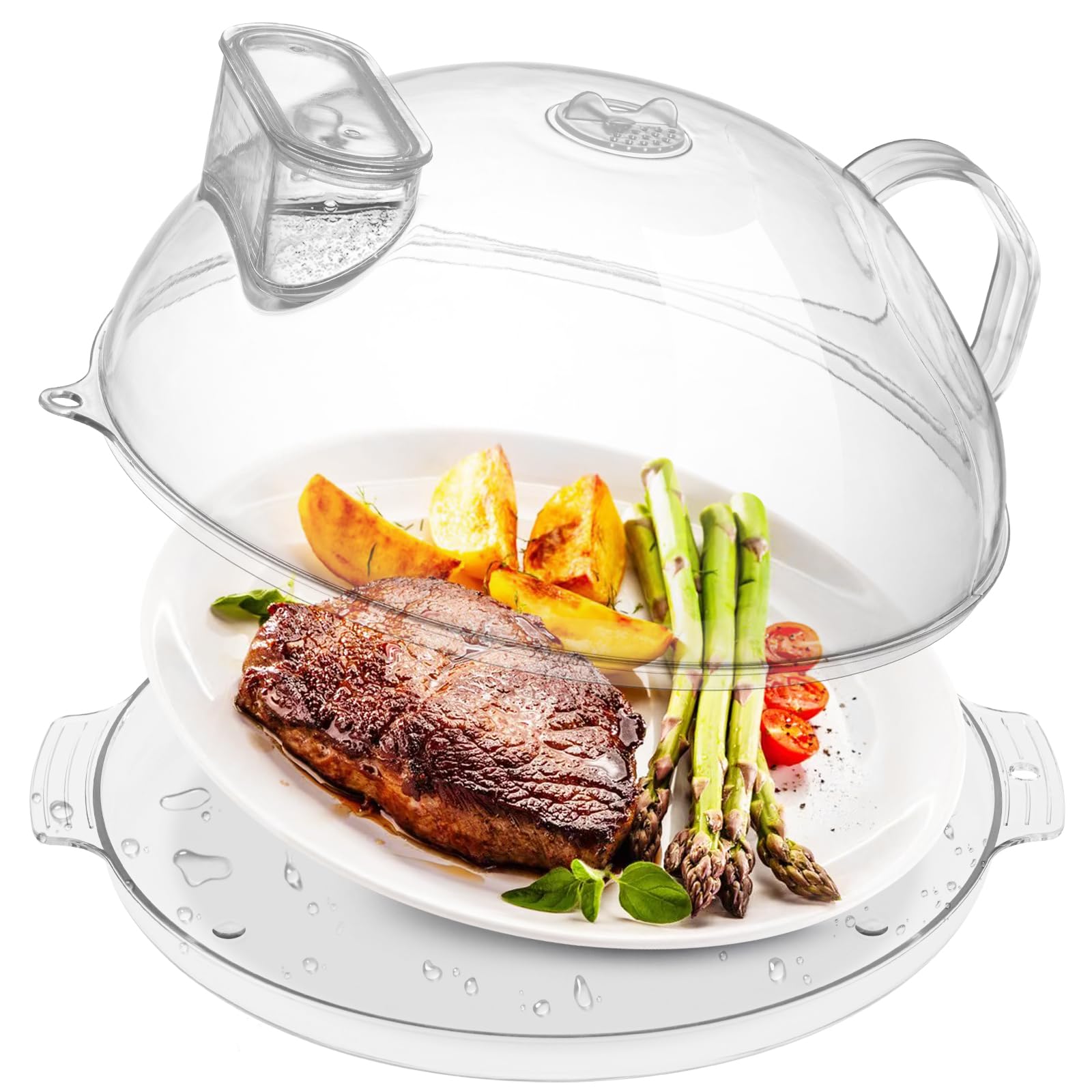WENWELL 10-Inch BPA-Free Clear Plastic Microwave Cover with Water Steamer & Tray - Splatter Guard for Food Protection, Dish Bowl Plate Serving Lid with Handle - Perfect for Reheating, Steaming & Keeping Food Fresh