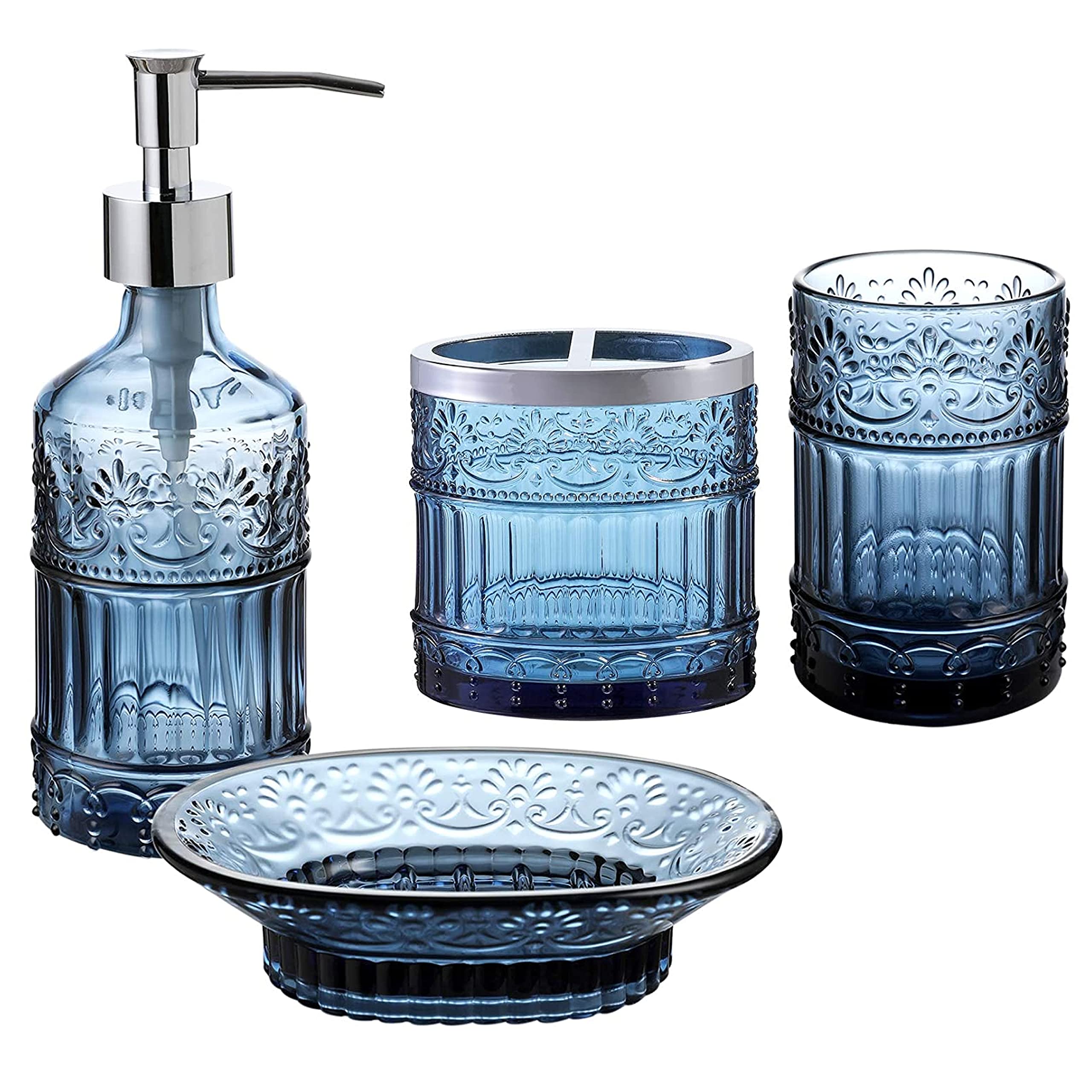 Premium 4-Piece Blue Glass Bathroom Accessory Set - Soap Dispenser, Tray, Jar & Toothbrush Holder - Elegant Mosaic Glass Decor for Modern Bathrooms | Spa-Style Organization & Luxury Home Decor