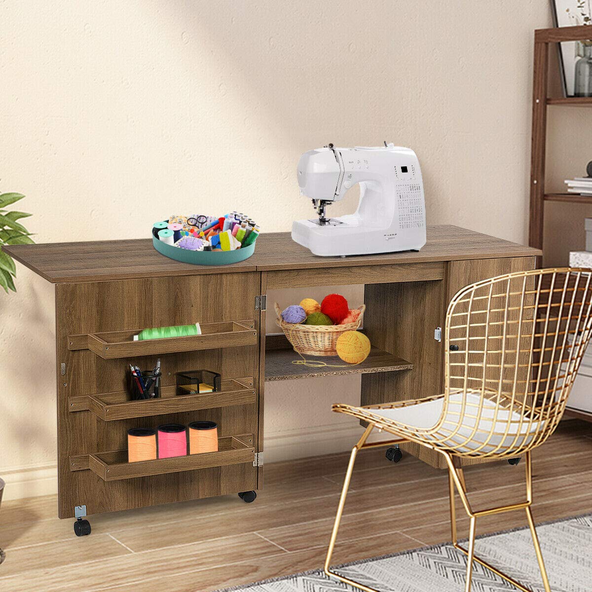 Foldable Sewing & Craft Table with 3 Storage Bins, Adjustable Shelf & Lockable Wheels - Compact Rolling Sewing Machine Workstation for Small Spaces & Apartments - Perfect for Quilting, DIY Projects & Home Crafting (Natural Wood Finish)